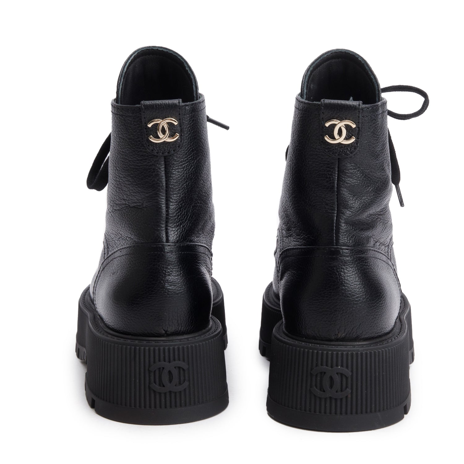 Chanel Black Shiny Grained Calfskin CC Lace Up Combat Boots, Women's Size 37.5 w/ Box