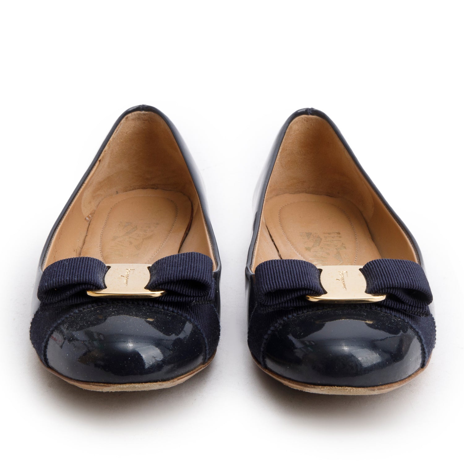 Ferragamo Navy Patent Leather Varina Bow Flats, Women's Size 7 w/ Box