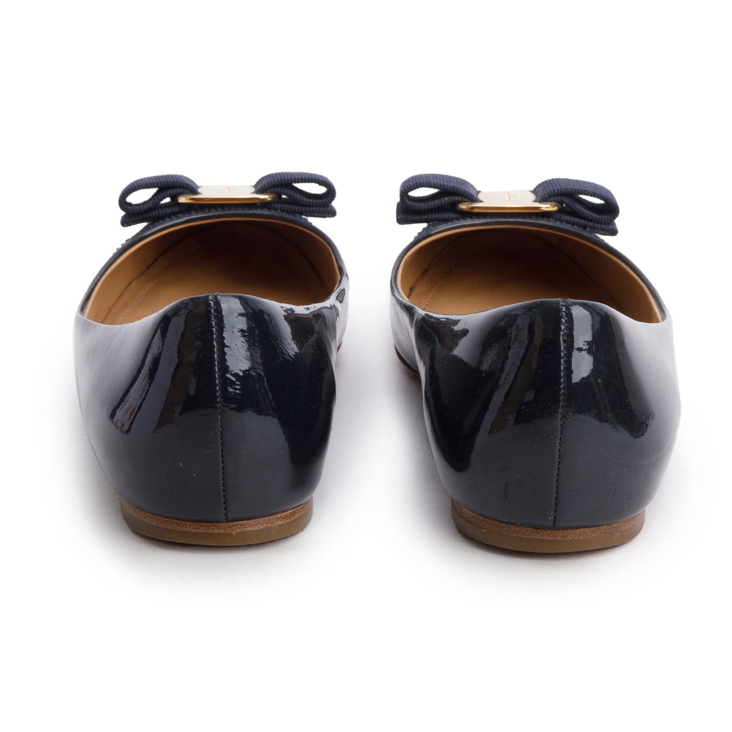 Ferragamo Navy Patent Leather Varina Bow Flats, Women's Size 7 w/ Box