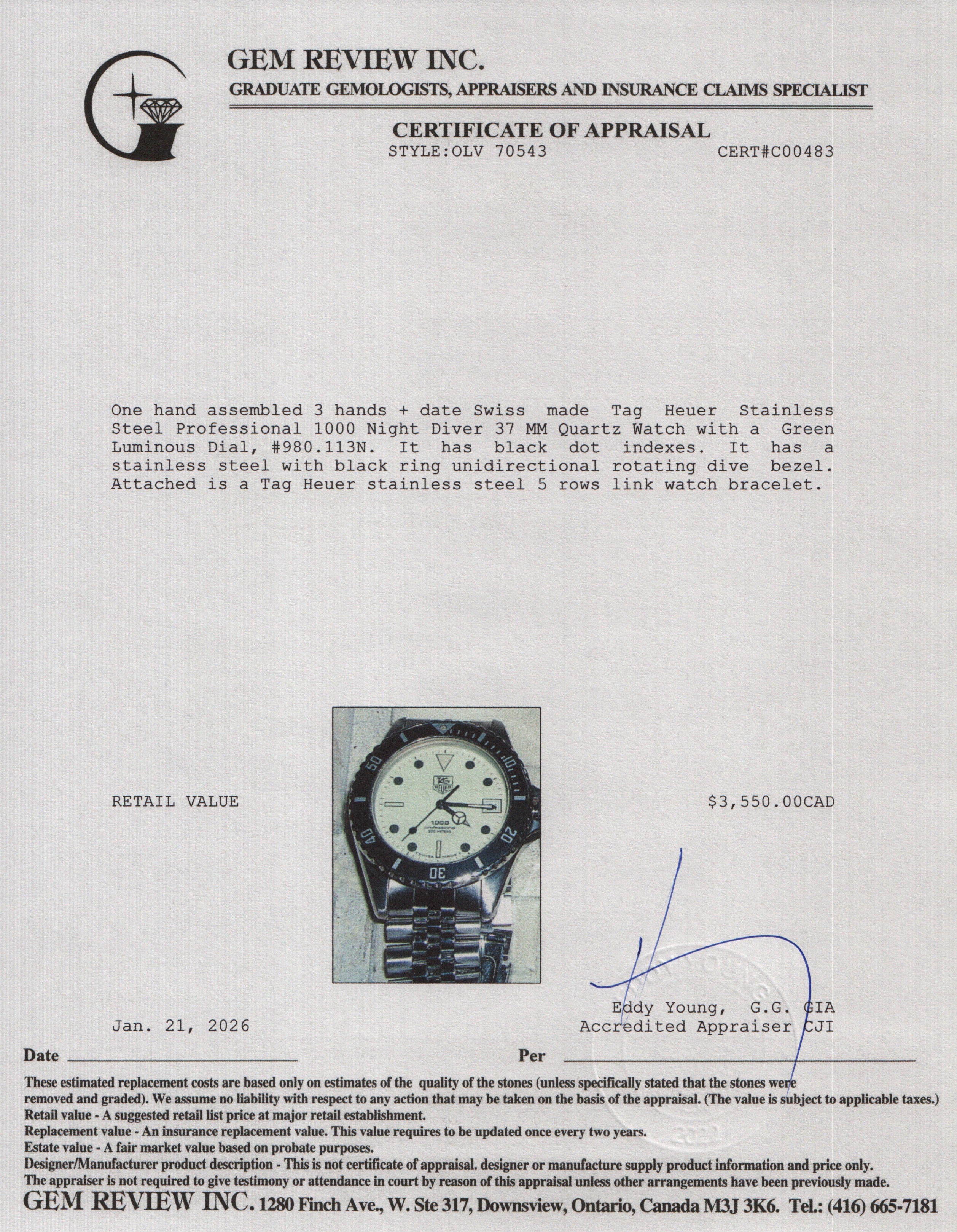 Tag Heuer Stainless Steel Professional 1000 Night Diver 37 MM Quartz Watch Green Luminous Dial 980.113N