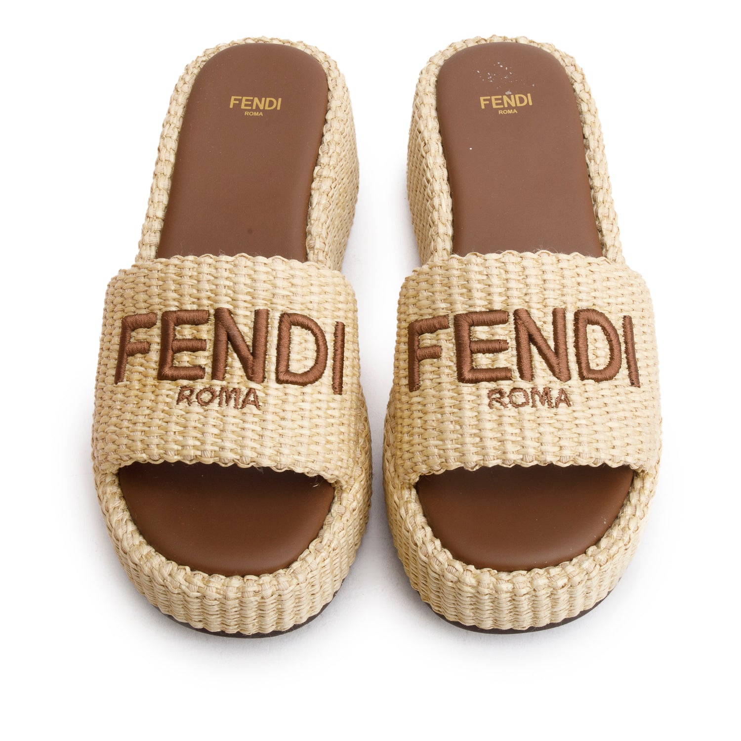 Fendi Beige Raffia Logo Platform Espadrilles, Women's Size 37 w/ Box