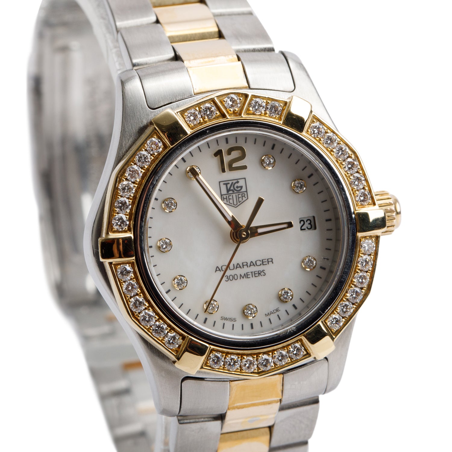 Tag Heuer Stainless Steel & Yellow Gold Plated Diamond Bezel Aquaracer 27 MM Quartz Watch Diamond Mother of Pearl Dial WAF1450
