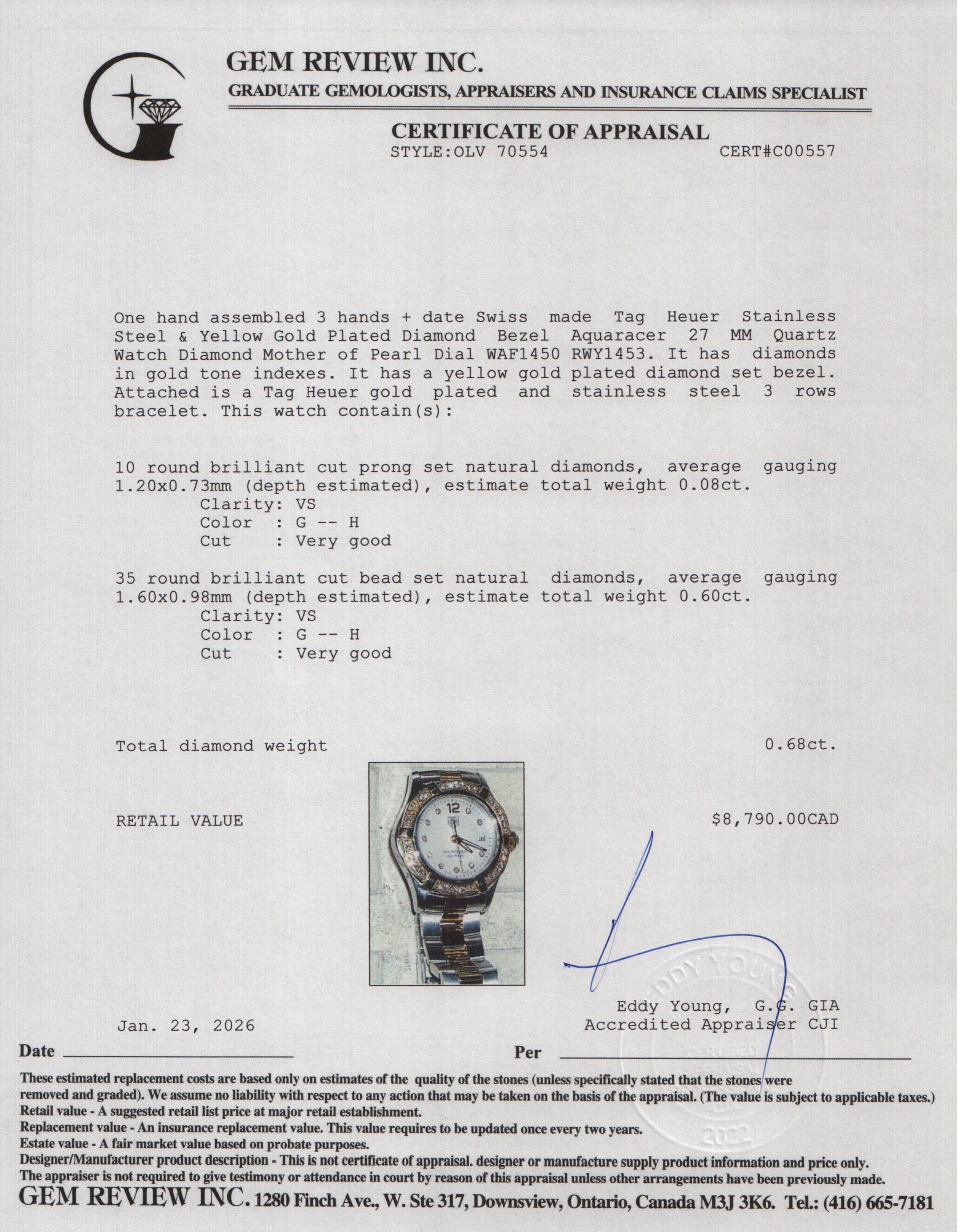 Tag Heuer Stainless Steel & Yellow Gold Plated Diamond Bezel Aquaracer 27 MM Quartz Watch Diamond Mother of Pearl Dial WAF1450