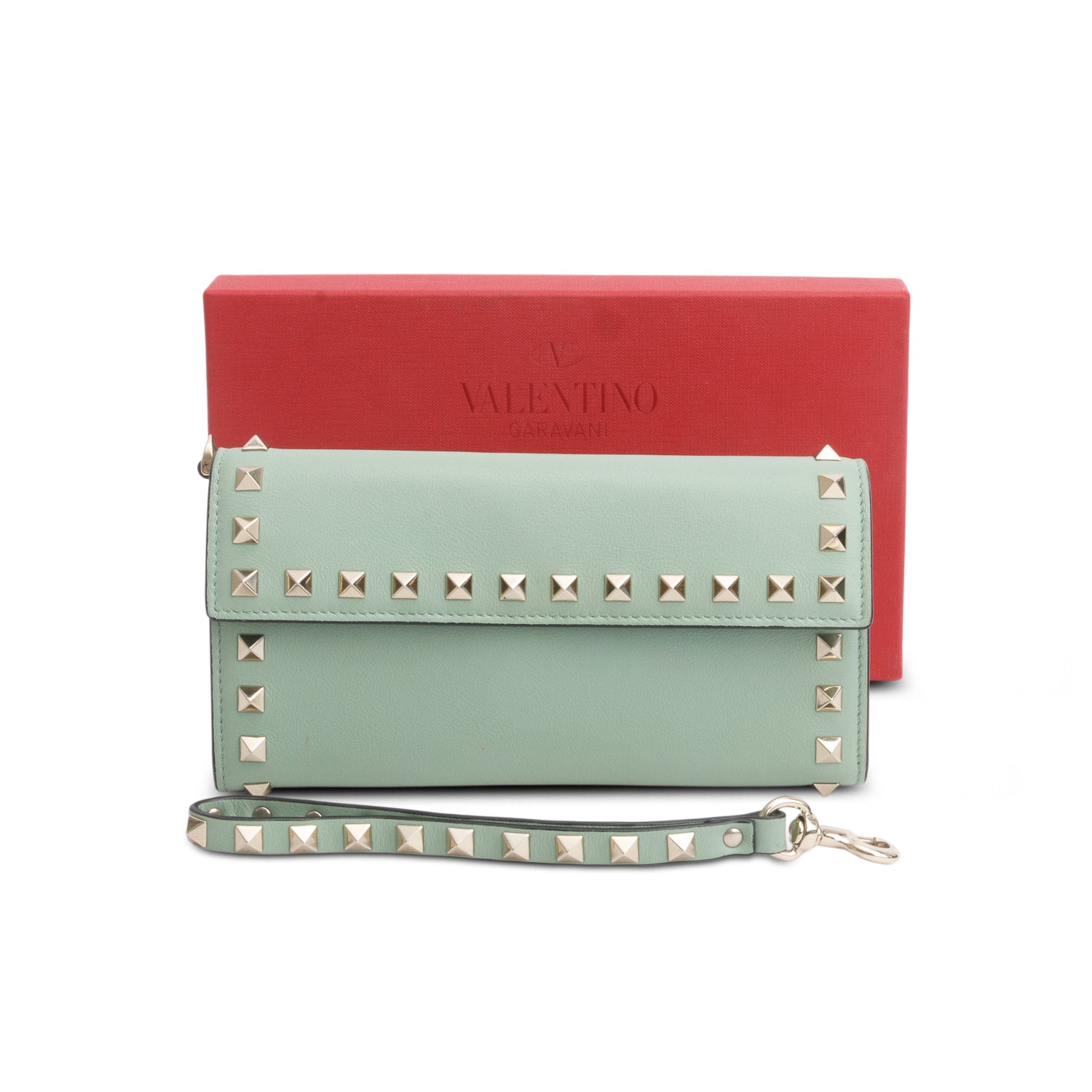 Valentino Green Calfskin Rockstud Wristlet Travel Wallet w/ Box