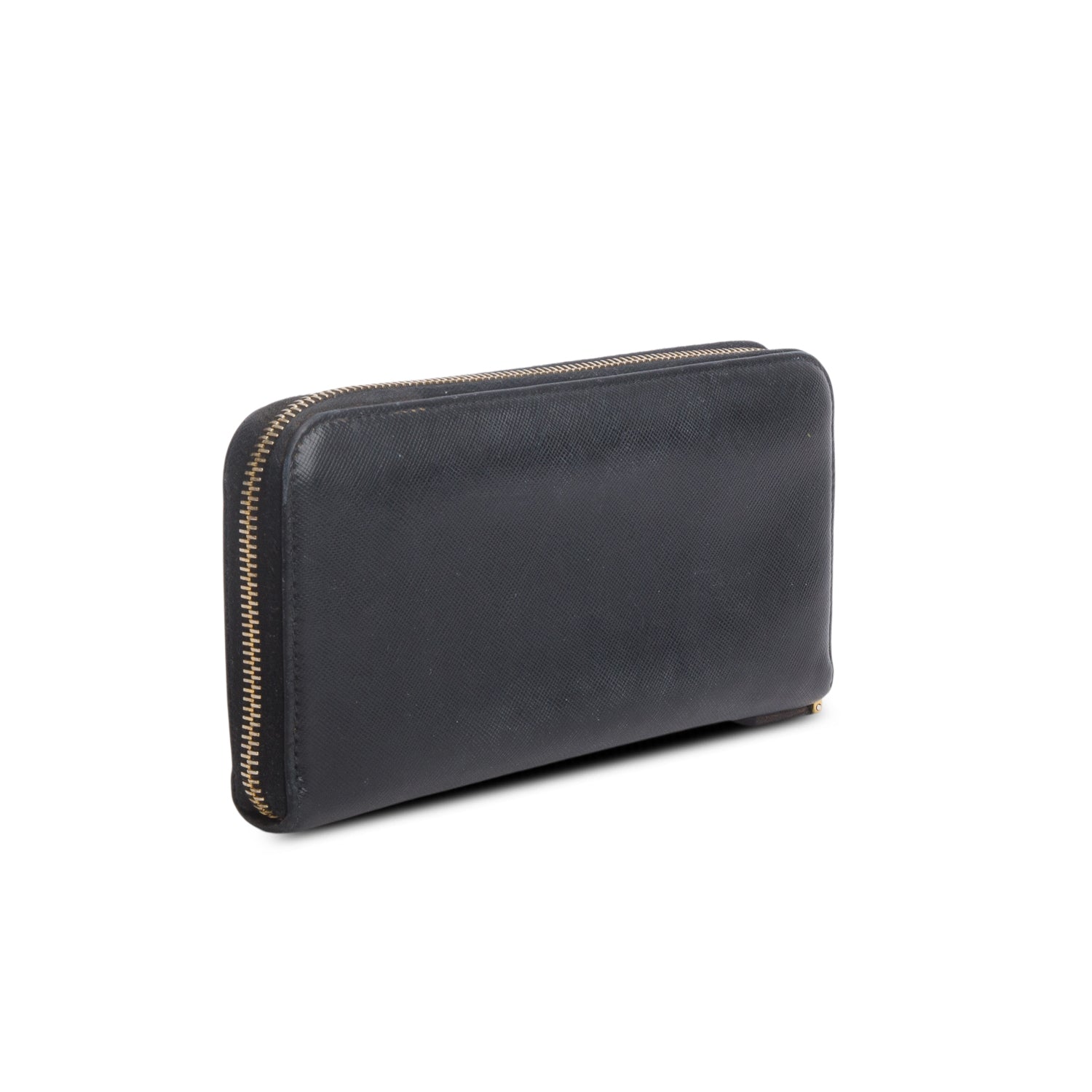 Prada Black Saffiano Leather Metal Zip Around Wallet w/ Box