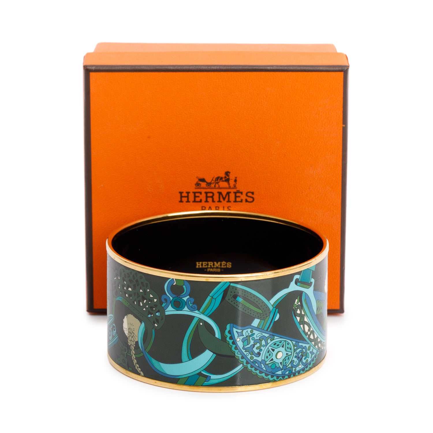 Hermes Gold-Plated Green/Multicolor Enamel Extra Wide Bangle w/ Box