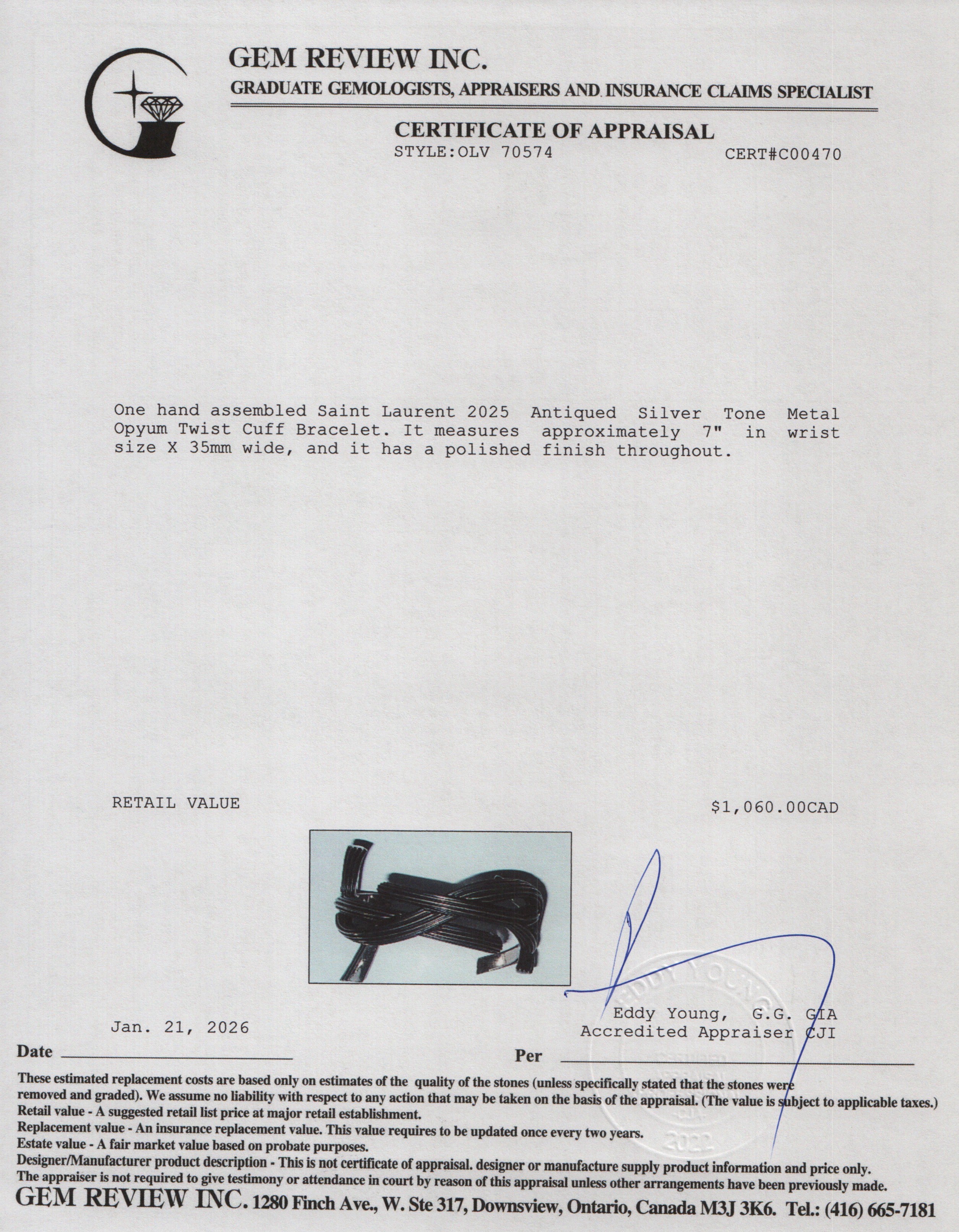 Saint Laurent 2025 Antiqued Silver Tone Metal Opyum Twist Cuff Bracelet w/ Box & Receipt