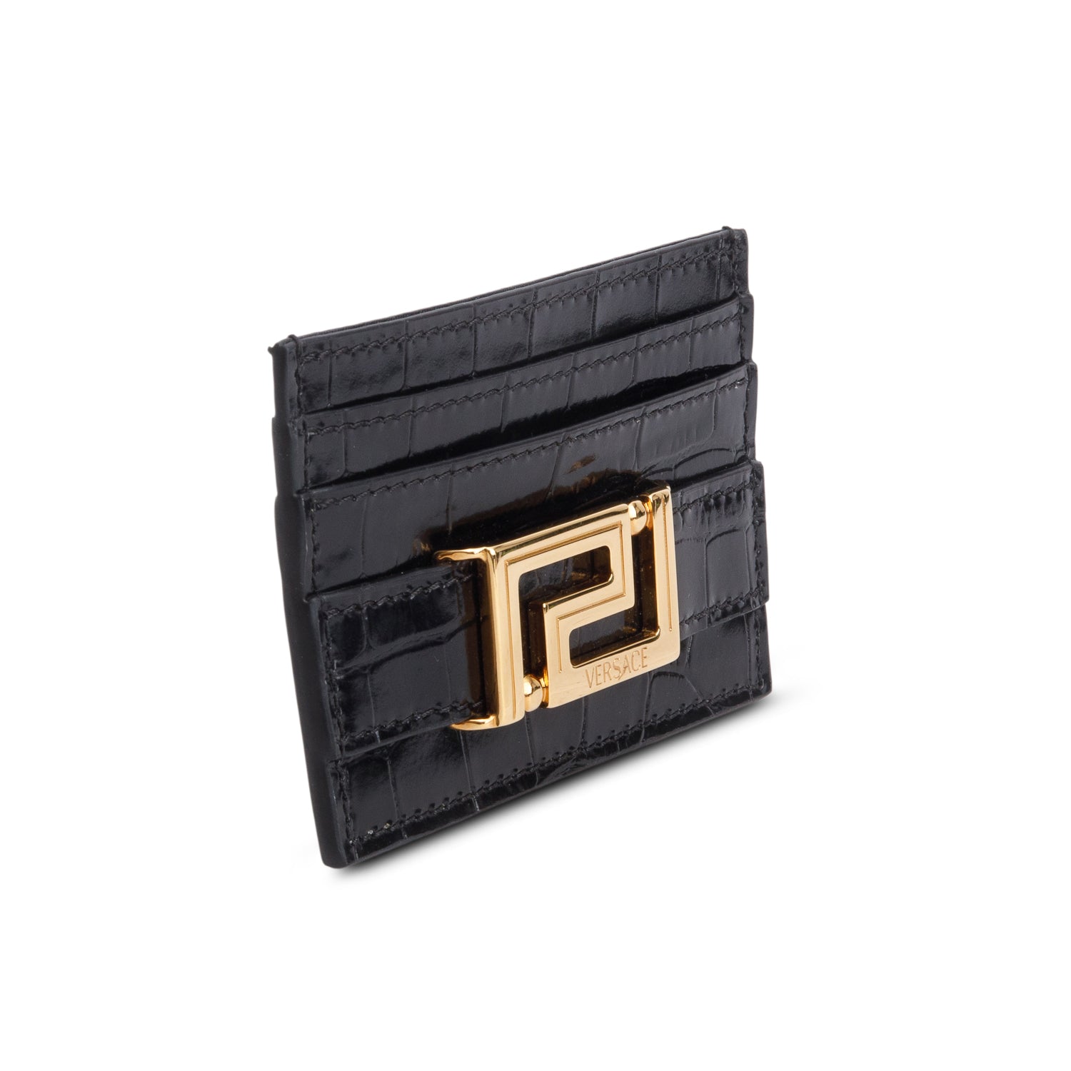 Versace Black Croc Embossed Patent Leather Grega Goddess Card Holder w/ Box