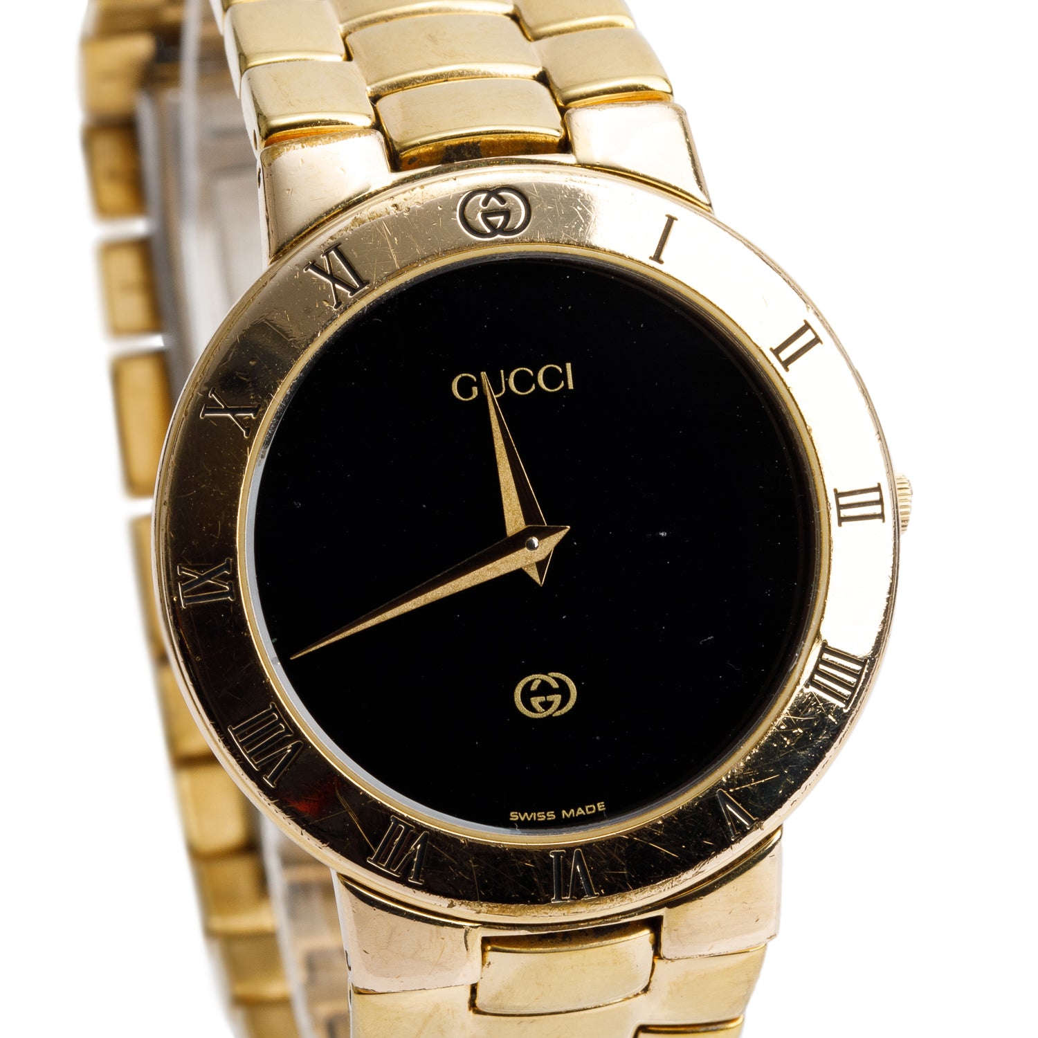 Gucci Gold Plated Stainless Steel 3300 Series 33 MM Watch Black Dial