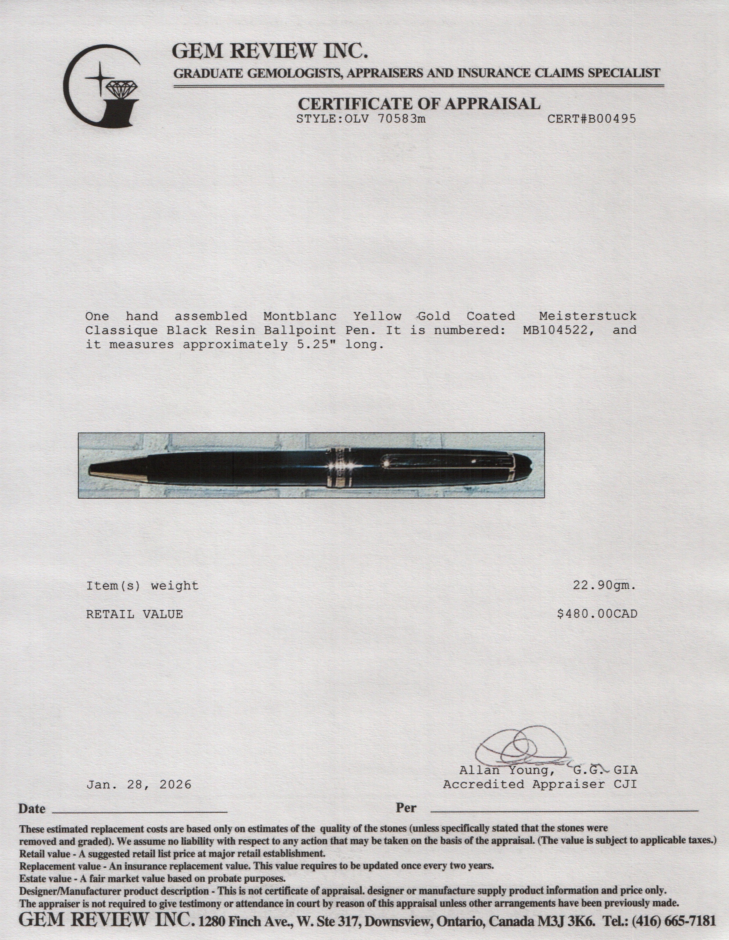 Montblanc Yellow Gold Coated Meisterstuck Classique Black Resin Ballpoint Pen