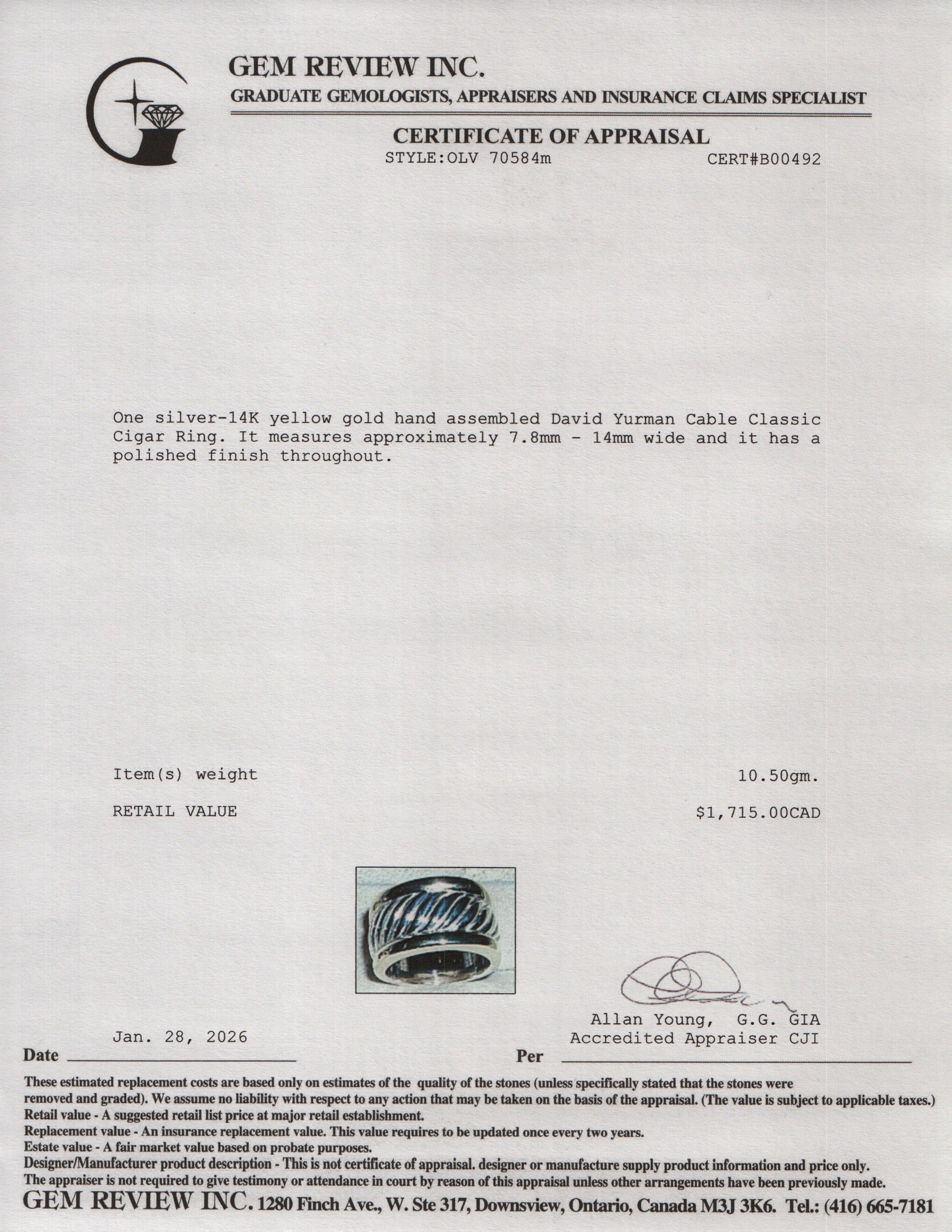 David Yurman Sterling Silver & 14k Yellow Gold Cable Classic Cigar Ring, Size 6