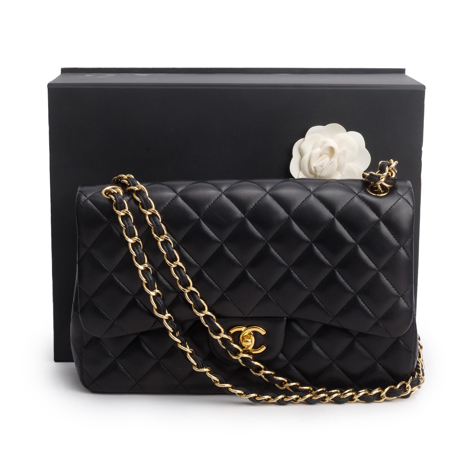 Chanel Black Lambskin Quilted Classic Jumbo Double Flap w/ Box, Authenticity Card & Receipt