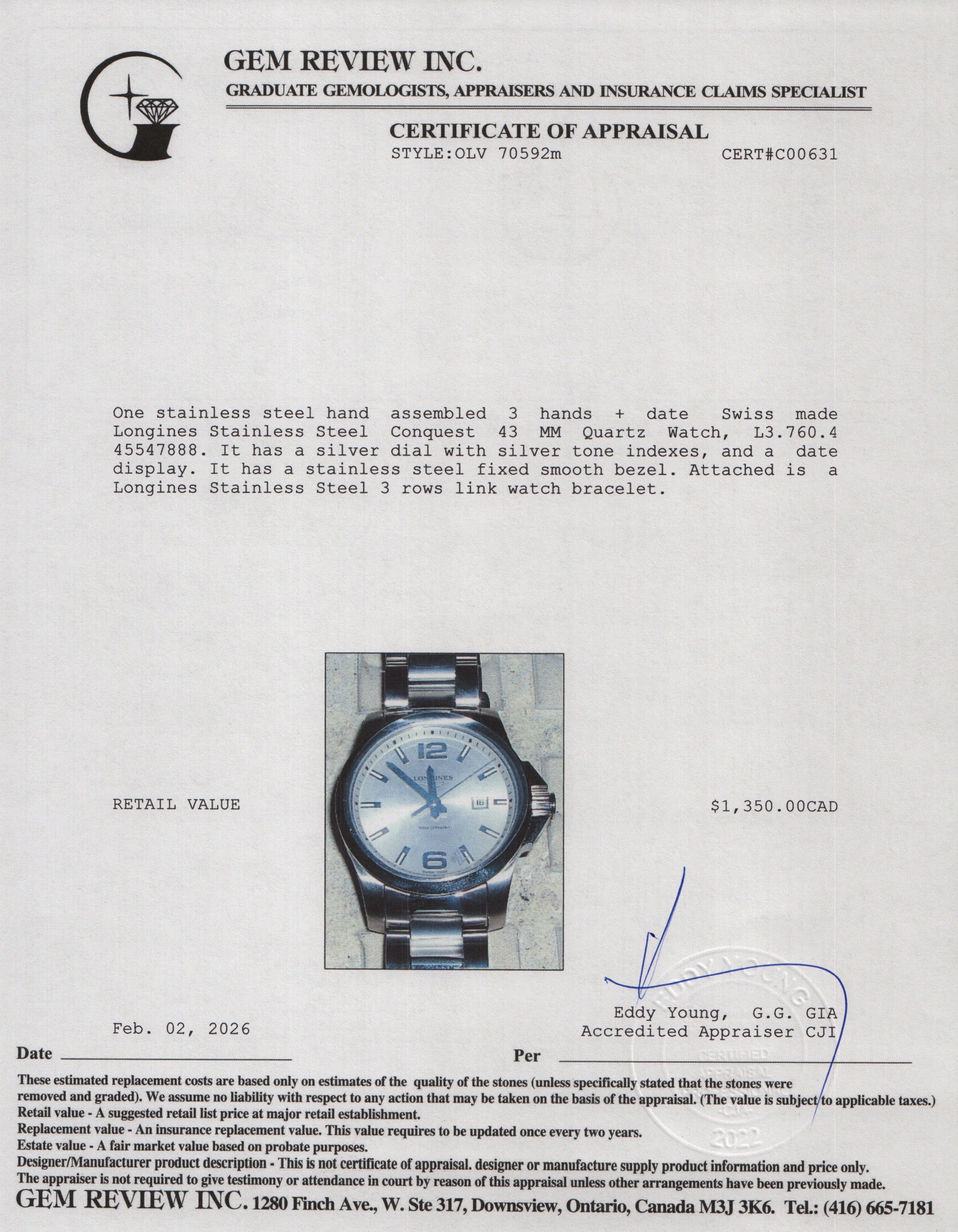 Longines 2021 Stainless Steel Conquest 43 MM Quartz Watch Silver Dial w/ Box & Papers