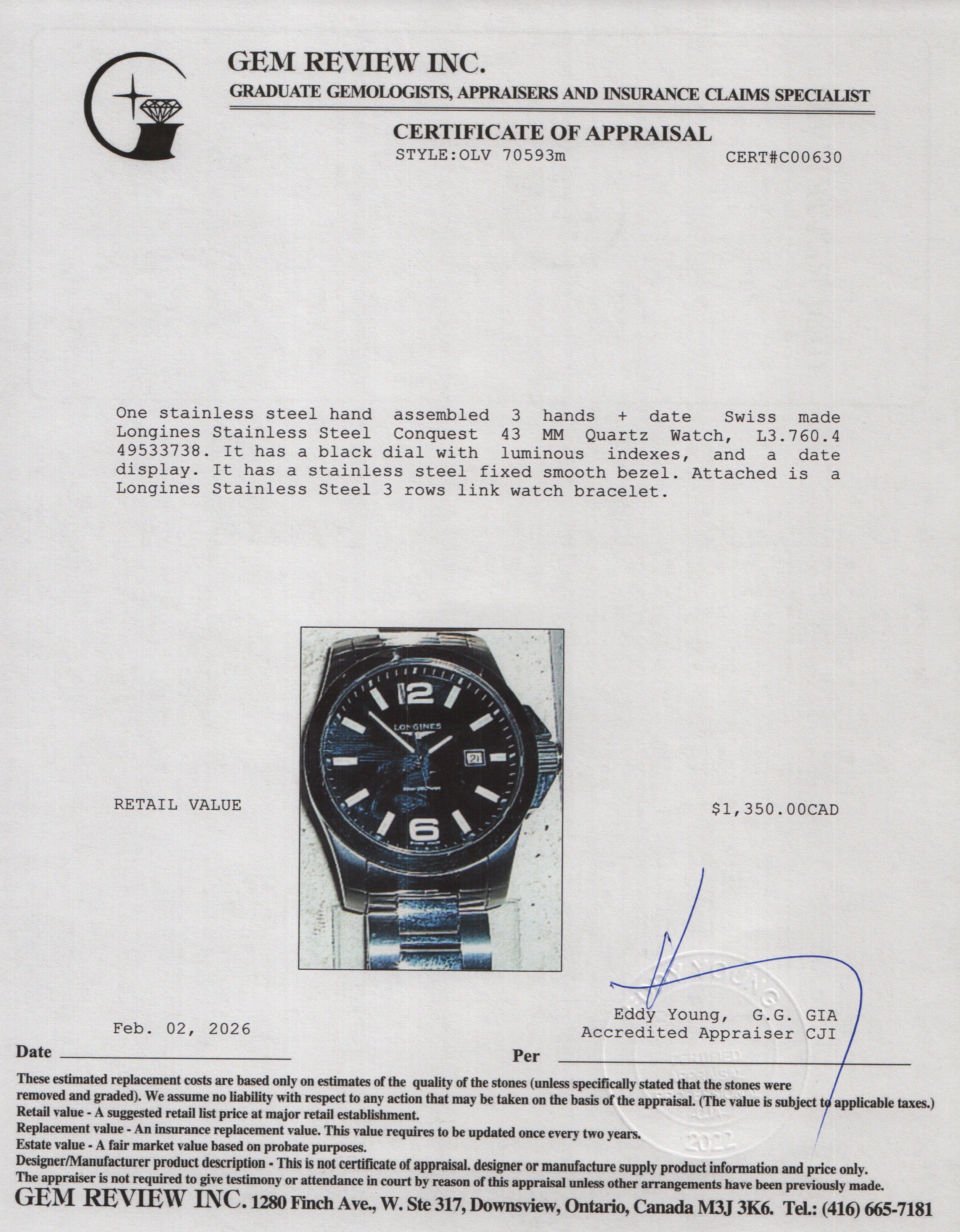 Longines 2021 Stainless Steel Conquest 43 MM Quartz Watch Black Dial w/ Box & Papers