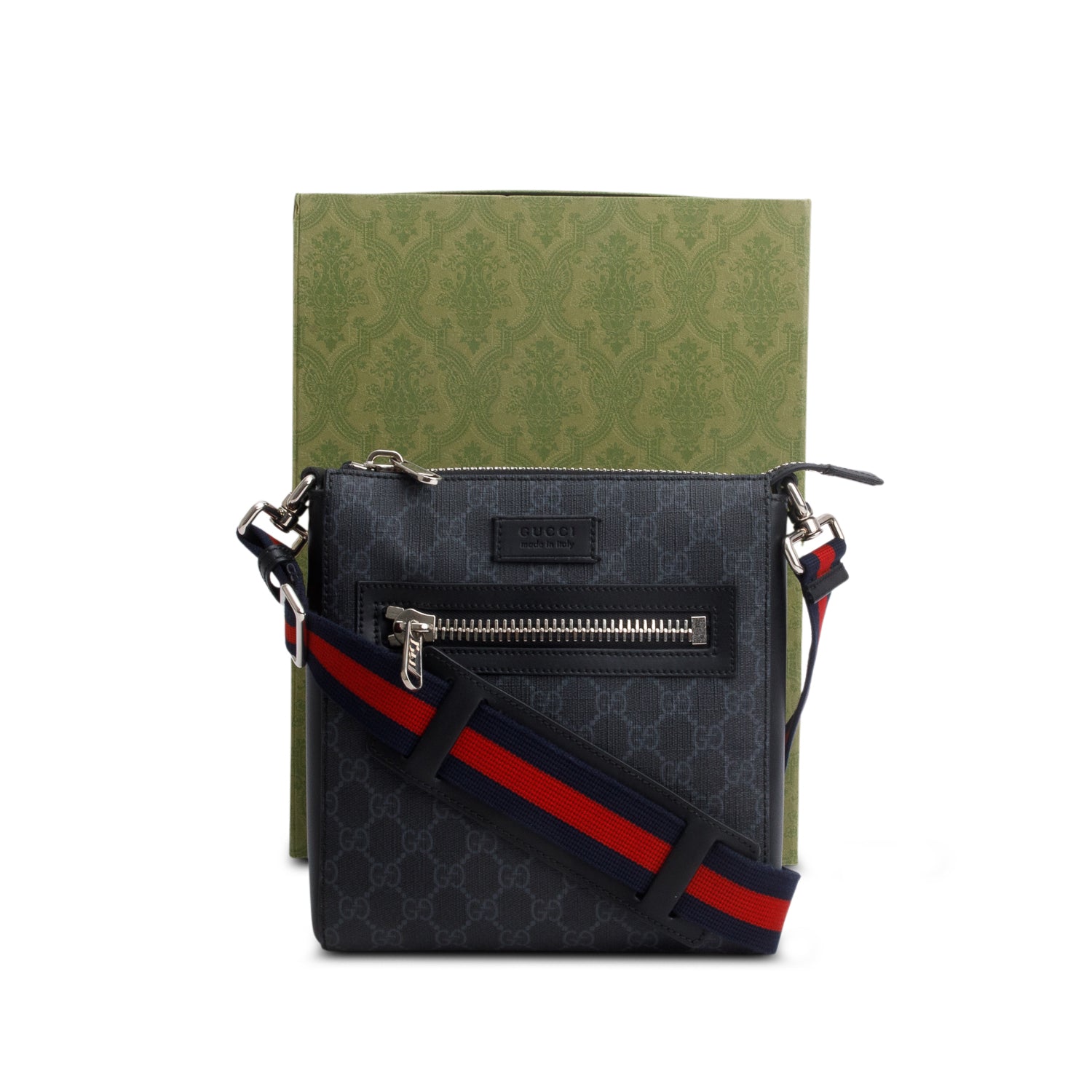 Gucci Black GG Supreme Canvas Calfskin Messenger Bag w/ Box