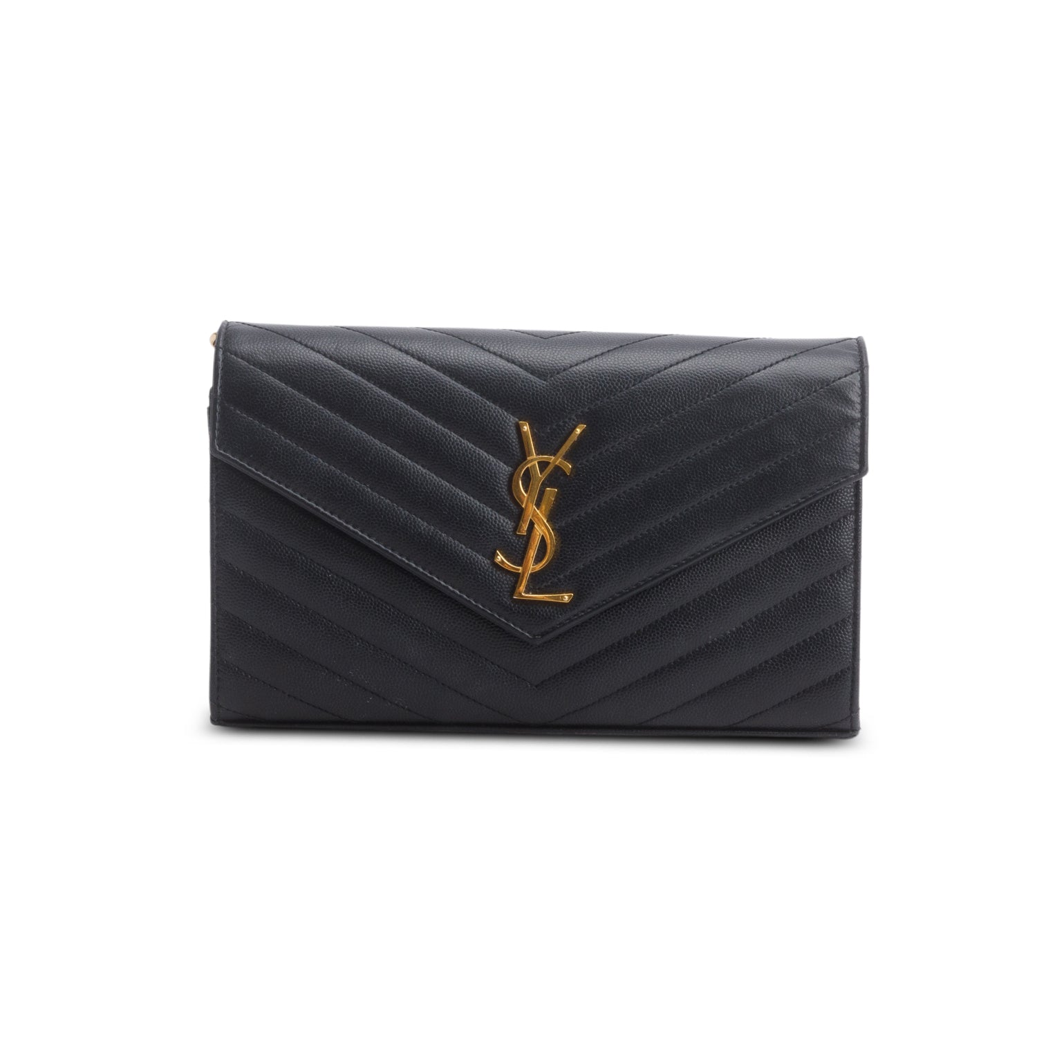 Saint Laurent 2022 Black Grain De Poudre Cassandre Envelope Chain Wallet