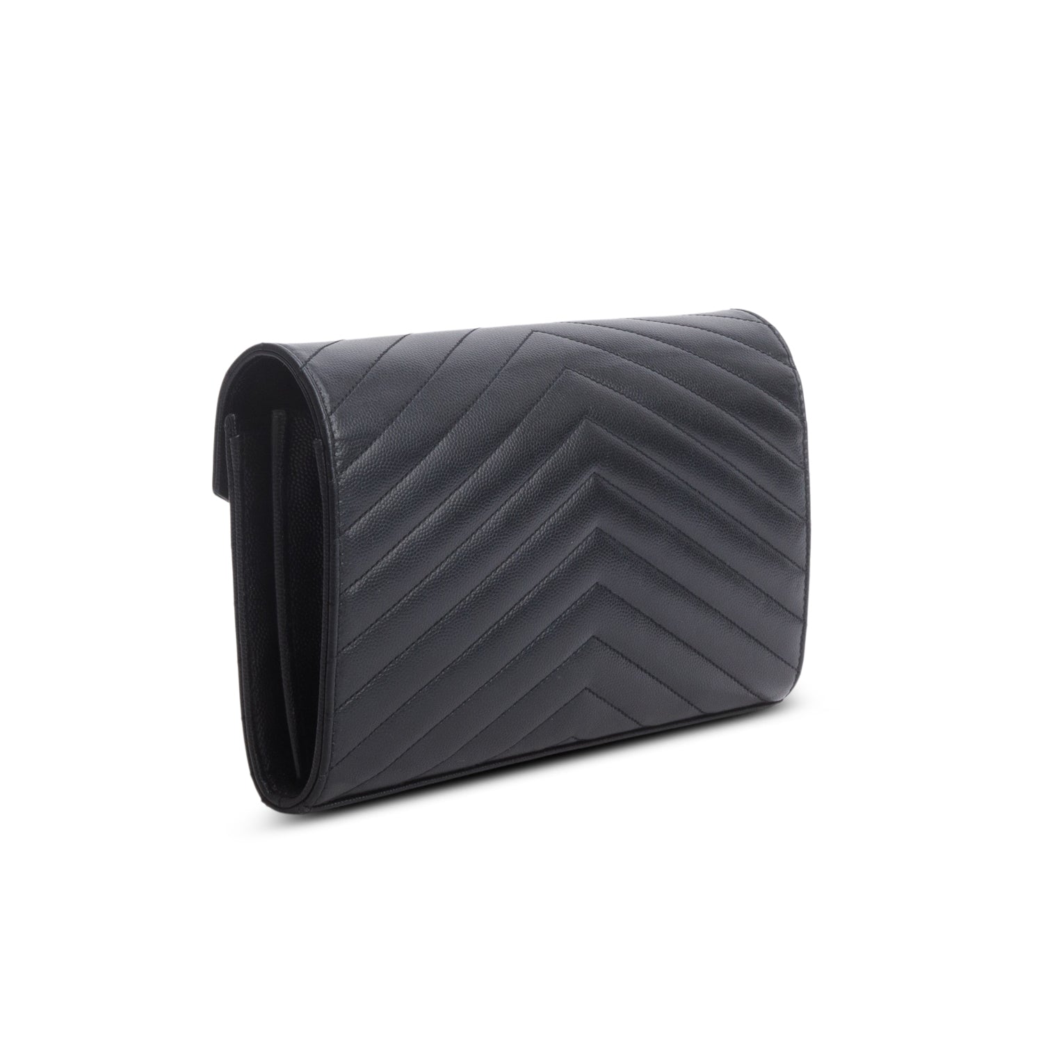 Saint Laurent 2022 Black Grain De Poudre Cassandre Envelope Chain Wallet