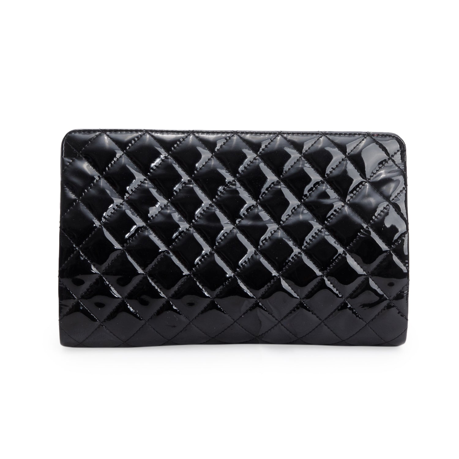 Chanel Black Patent Leather Quilted Timeless Clutch w/ Authenticity Card