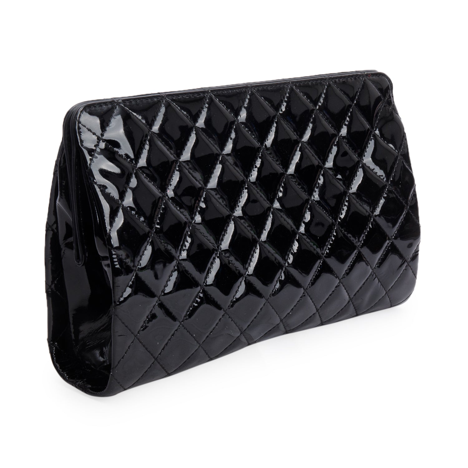 Chanel Black Patent Leather Quilted Timeless Clutch w/ Authenticity Card