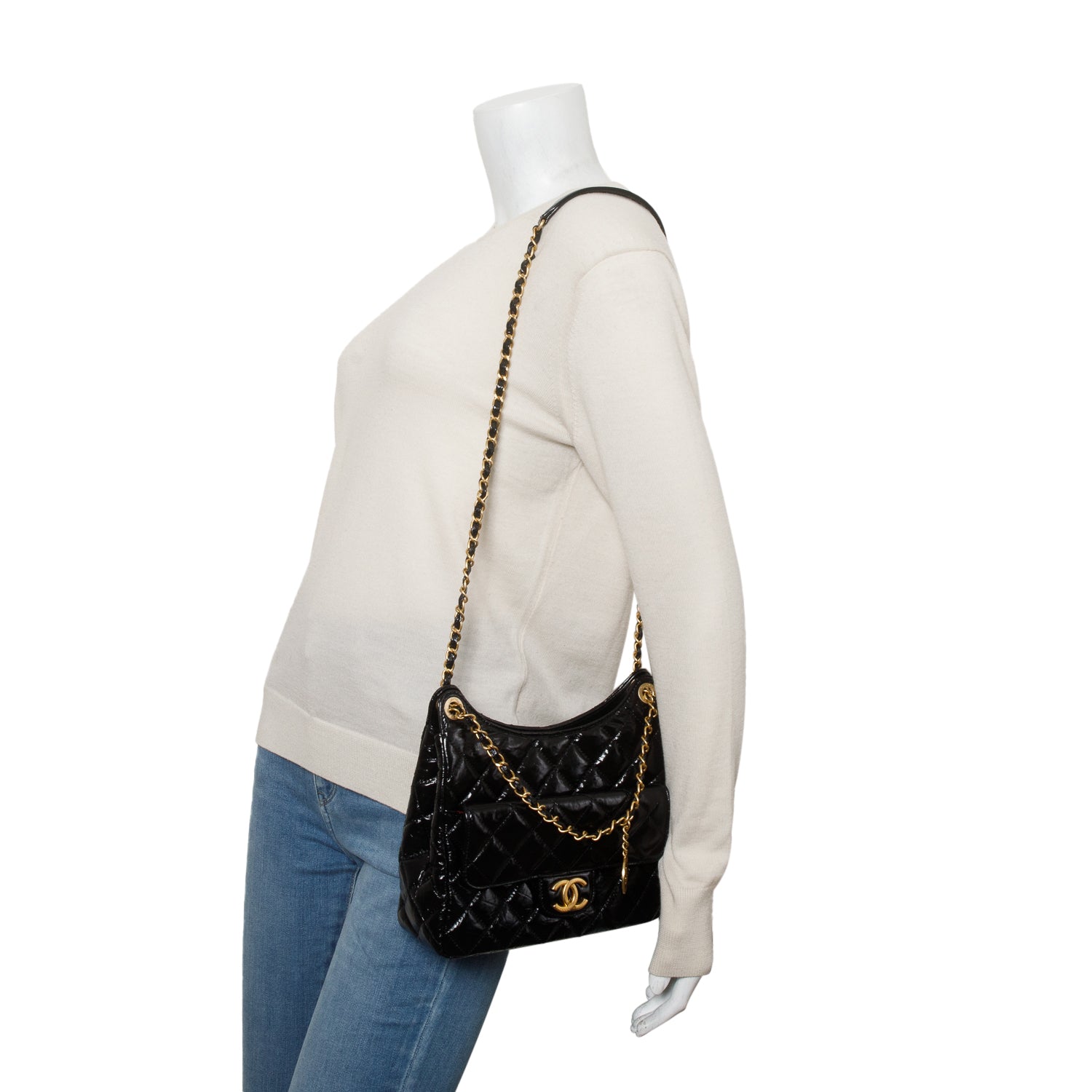 Chanel Black Shiny Crumpled Calfskin Quilted Wavy CC Hobo w/ Box