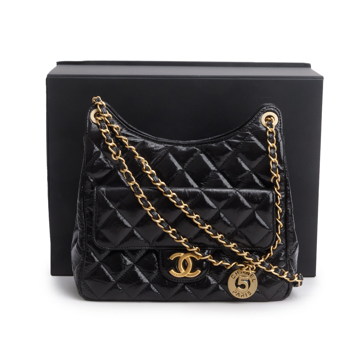 Chanel Black Shiny Crumpled Calfskin Quilted Wavy CC Hobo w/ Box