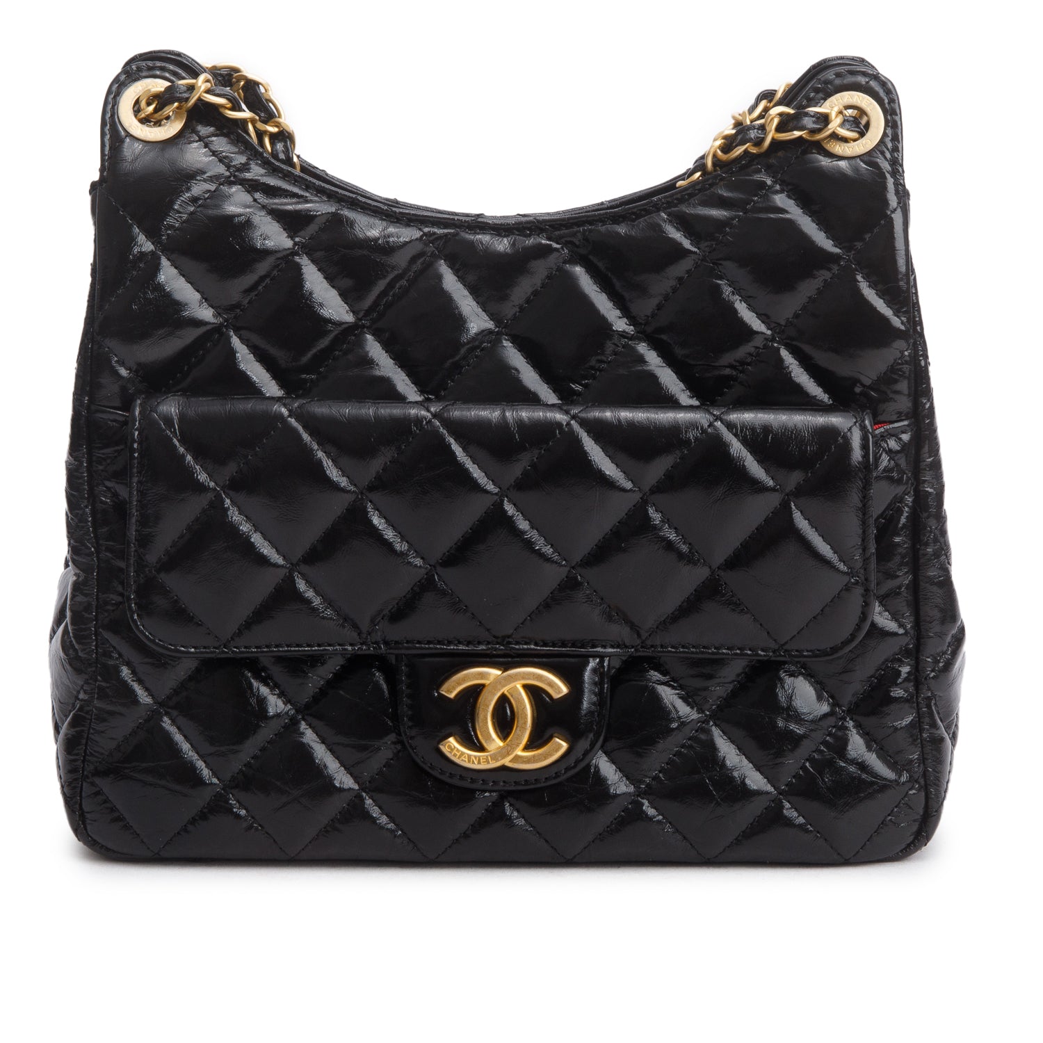 Chanel Black Shiny Crumpled Calfskin Quilted Wavy CC Hobo w/ Box