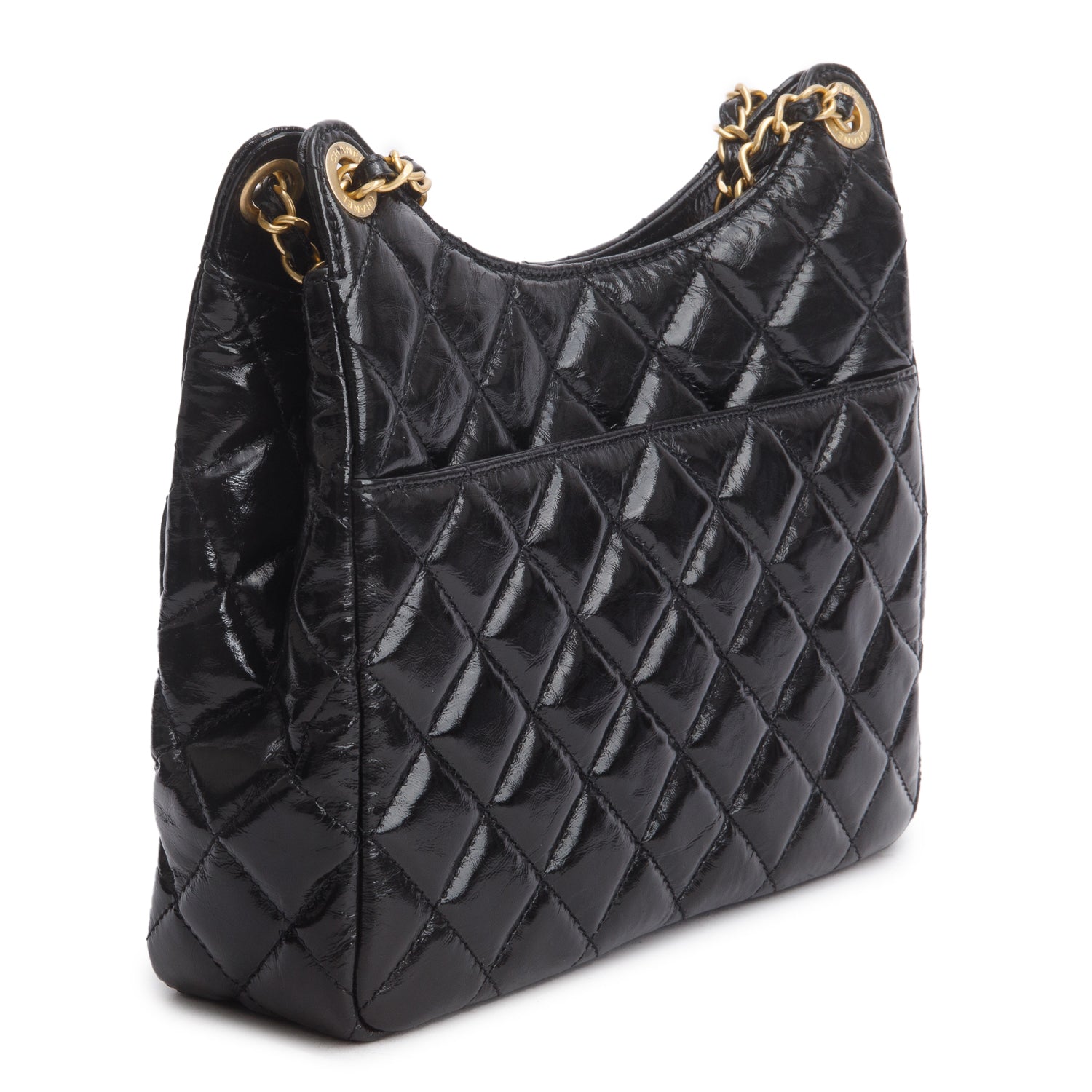 Chanel Black Shiny Crumpled Calfskin Quilted Wavy CC Hobo w/ Box