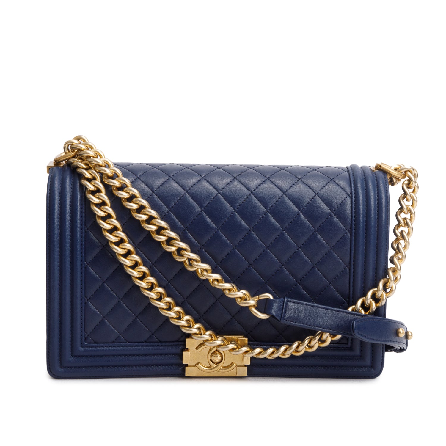 Chanel Blue Calfskin Quilted Leather Large Boy Bag w/ Authenticity Card