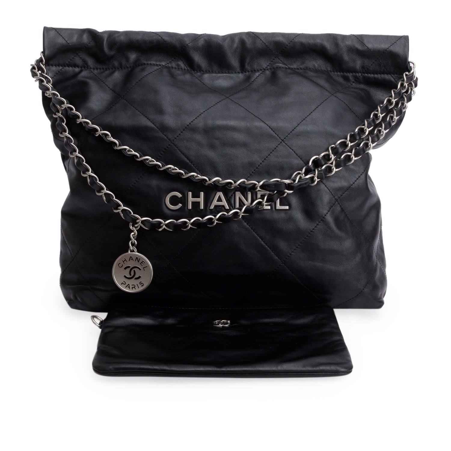 Chanel Black Shiny Calfskin Quilted Small 22 Hobo w/ Pouch