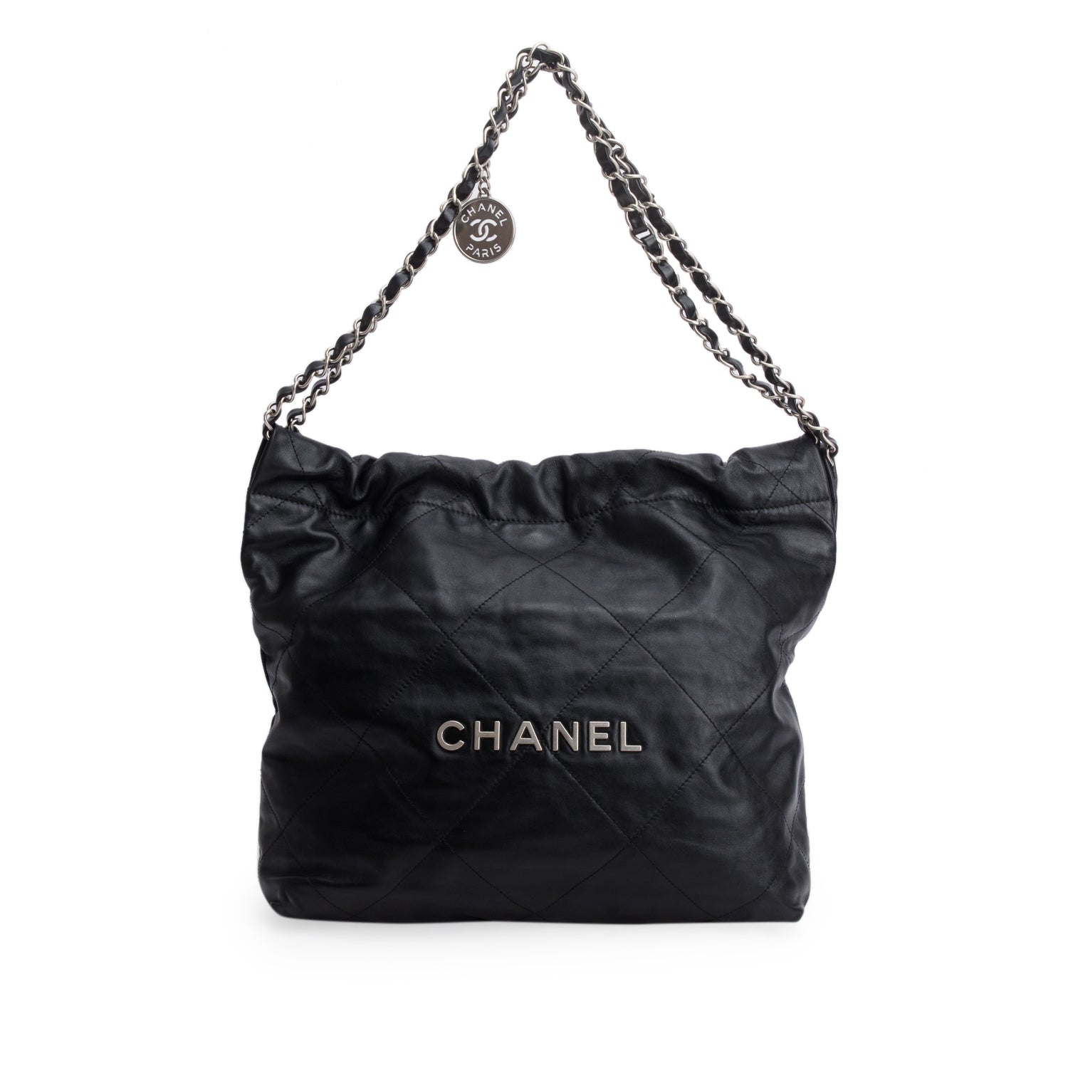 Chanel Black Shiny Calfskin Quilted Small 22 Hobo w/ Pouch