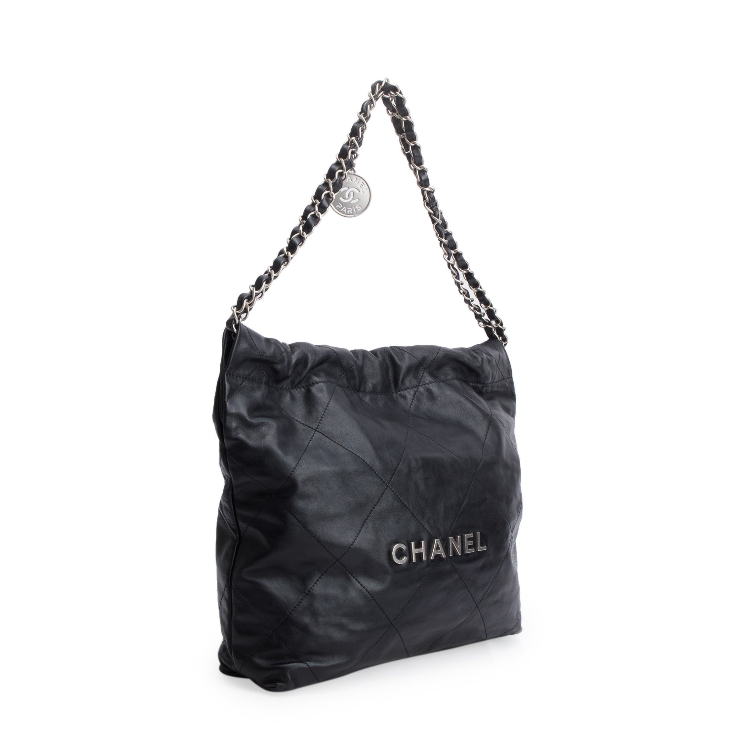 Chanel Black Shiny Calfskin Quilted Small 22 Hobo w/ Pouch