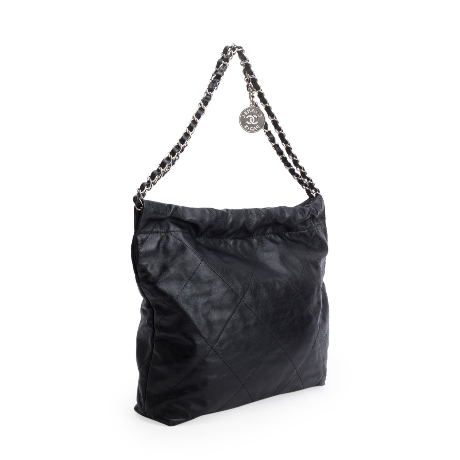 Chanel Black Shiny Calfskin Quilted Small 22 Hobo w/ Pouch