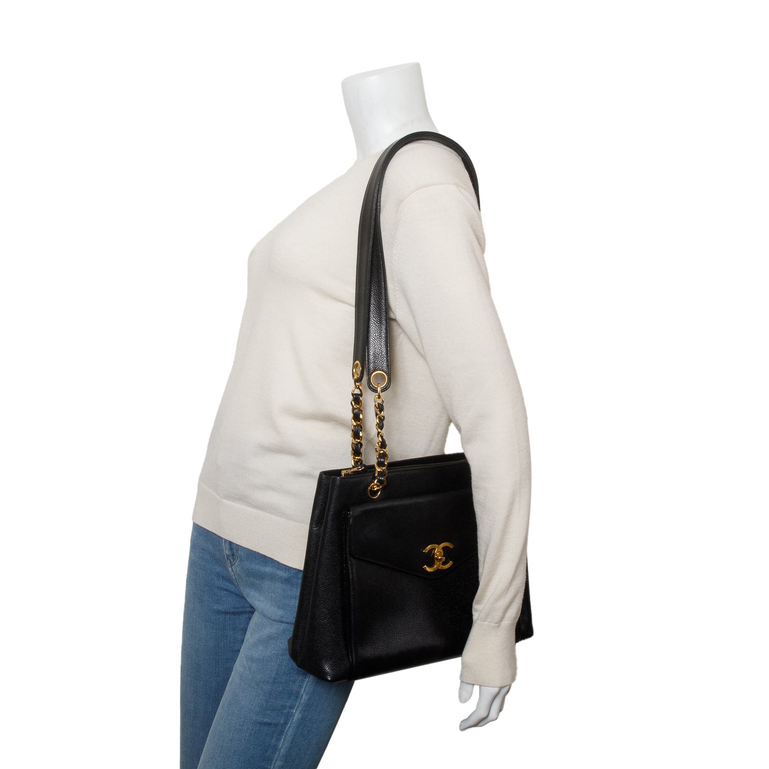 Chanel Vintage Black Caviar CC Shoulder Bag w/ Authenticity Card