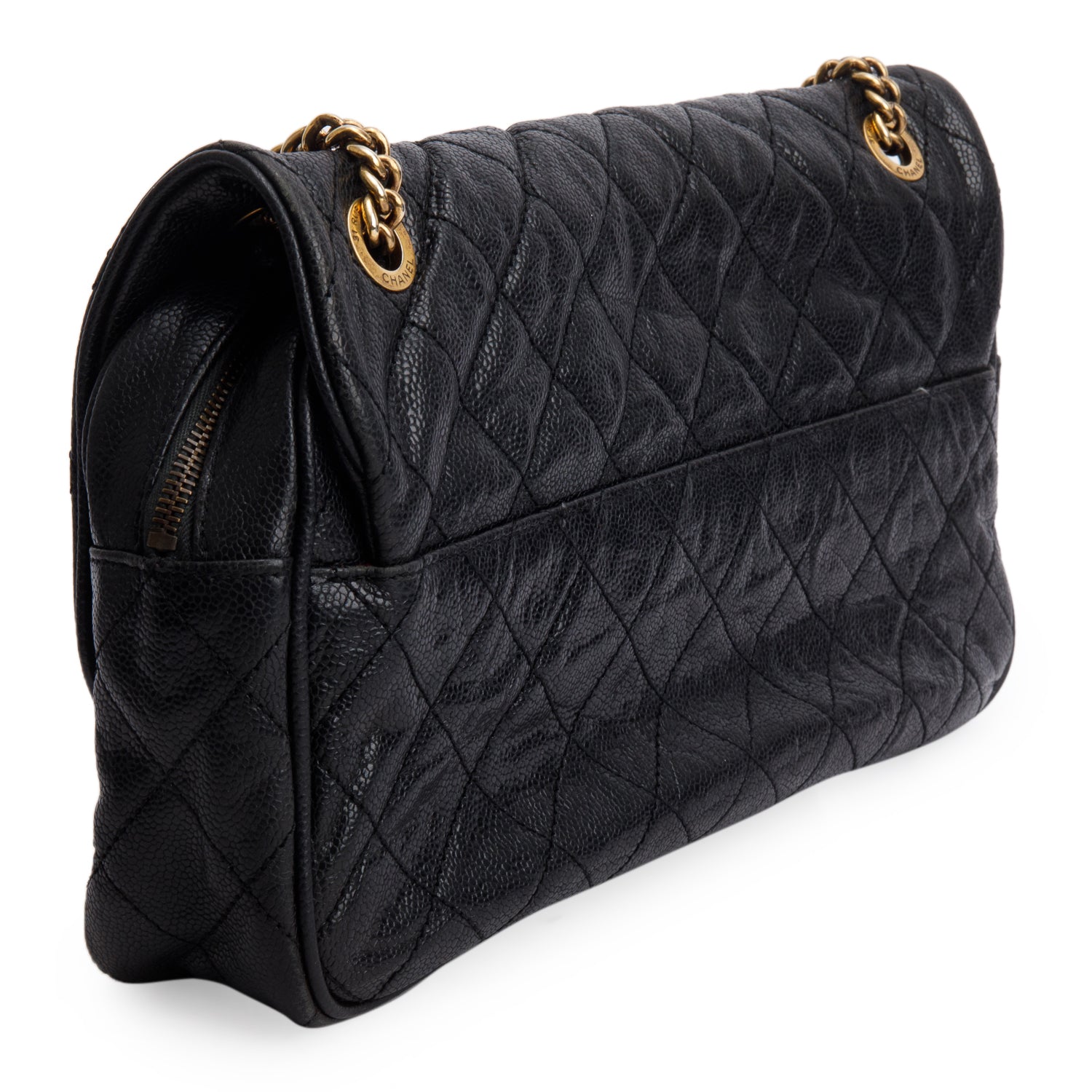 Chanel Black Crumpled Grained Calfskin Quilted Large Shiva Bag