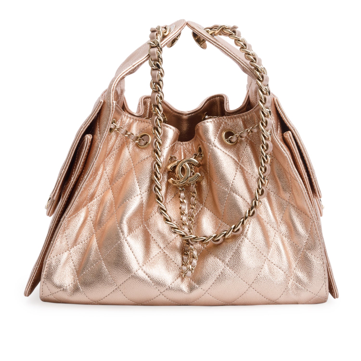Chanel Pink Metallic Caviar Quilted 25 Small Bucket Bag