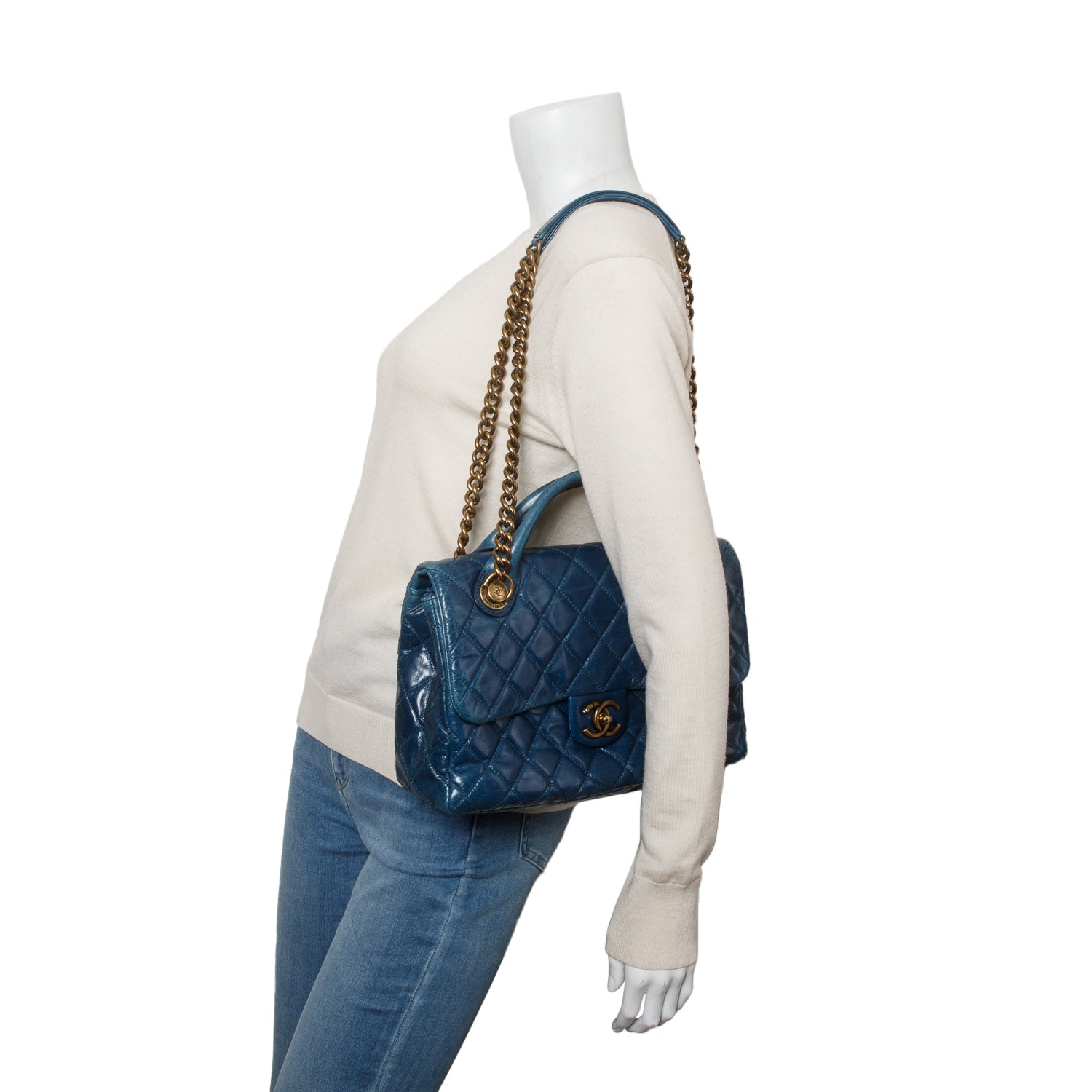 Chanel Blue Glazed Calfskin Castle Rock Medium Flap Bag w/ Authenticity Card