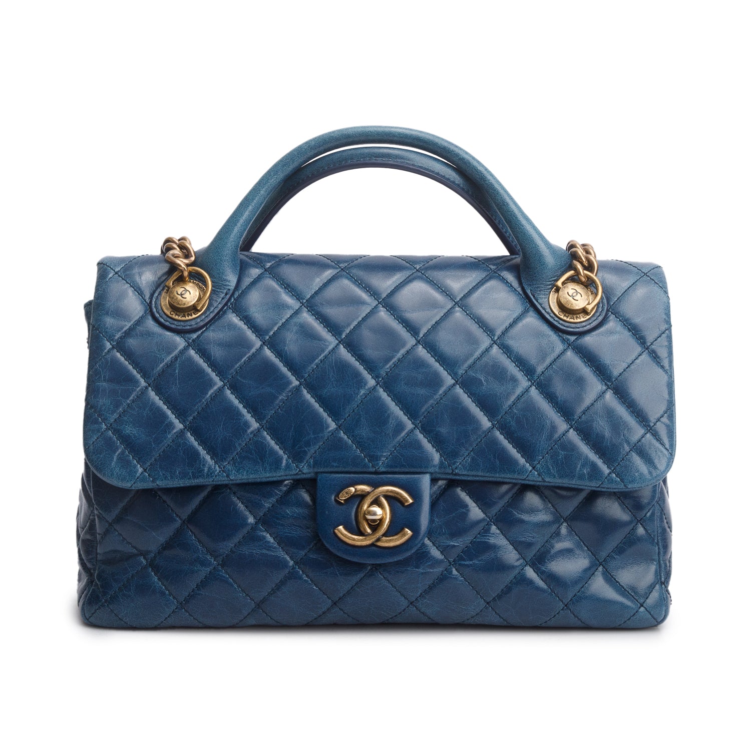 Chanel Blue Glazed Calfskin Castle Rock Medium Flap Bag w/ Authenticity Card