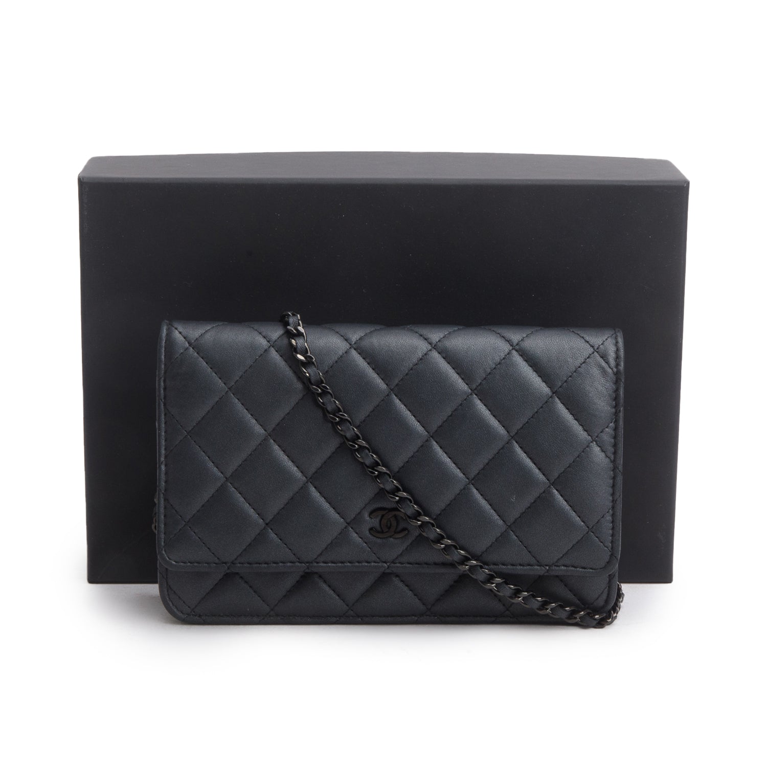 Chanel Grey Lambskin Quilted Wallet on Chain WOC w/ Box