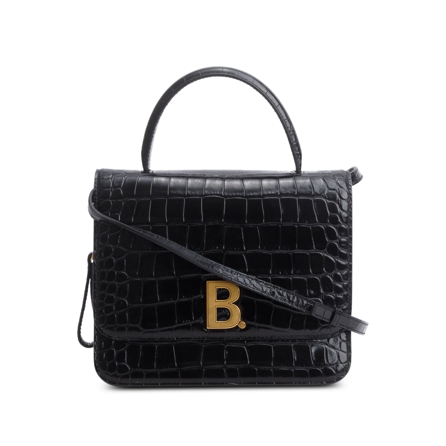Balenciaga Black Shiny Calfskin Croc Embossed B.Dot Flap Bag w/ Strap