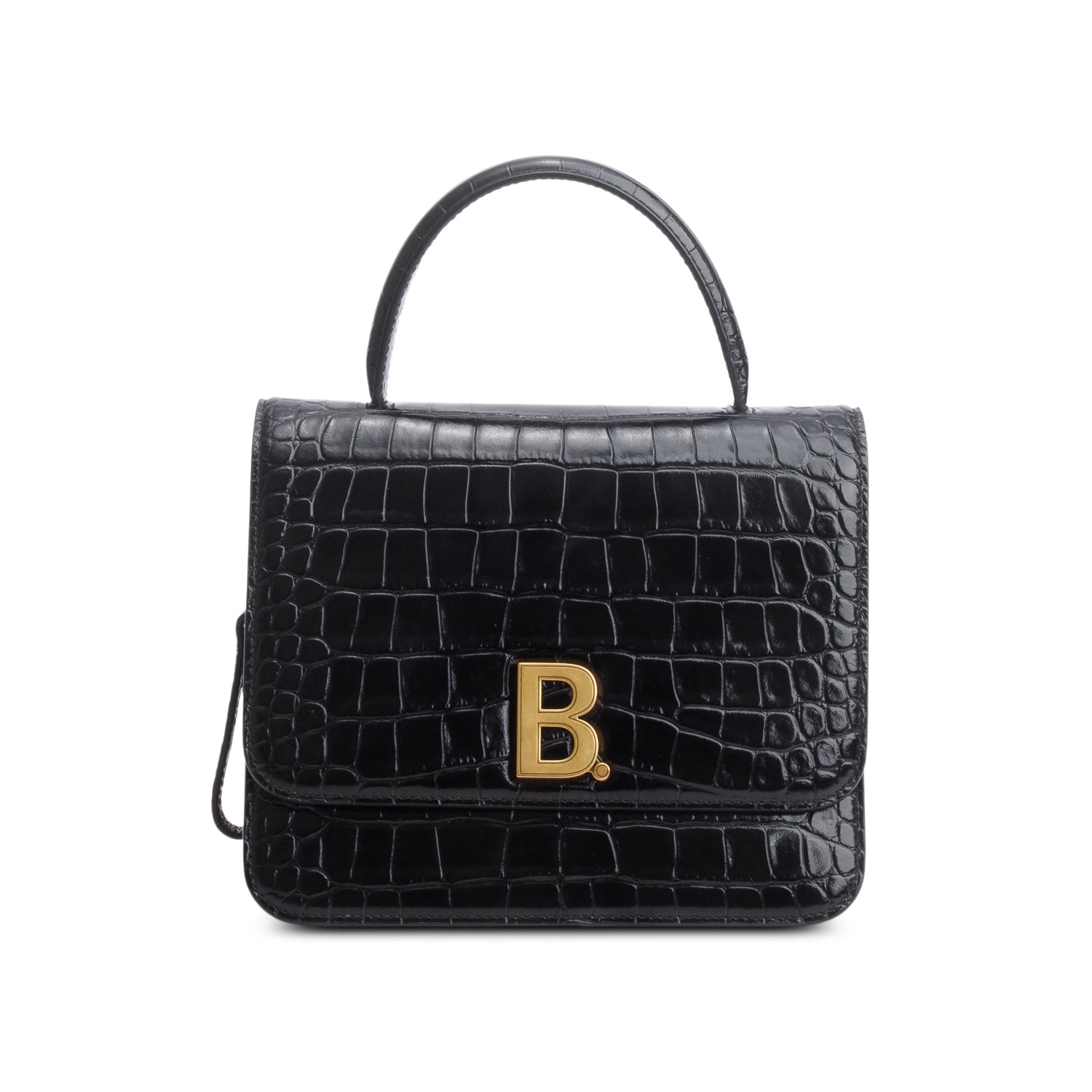 Balenciaga Black Shiny Calfskin Croc Embossed B.Dot Flap Bag w/ Strap
