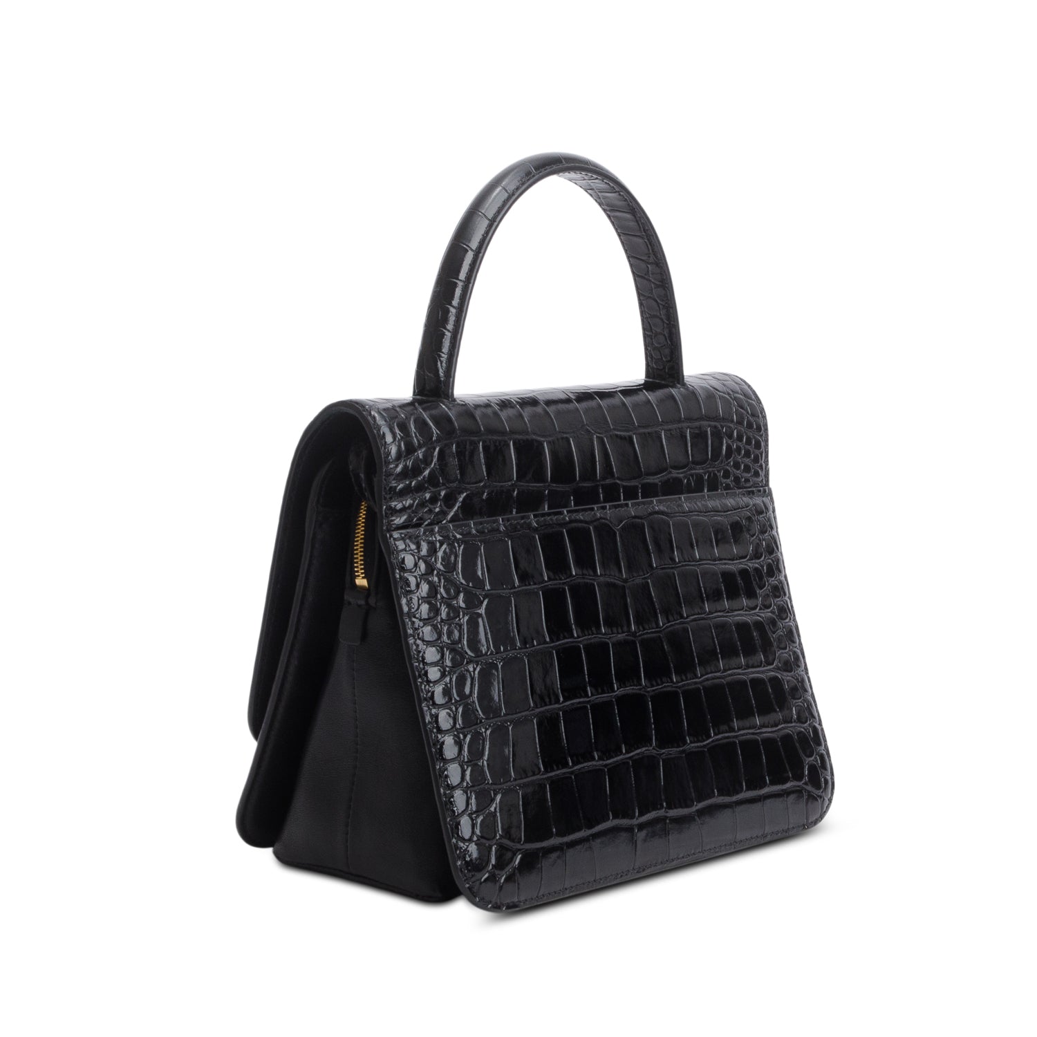 Balenciaga Black Shiny Calfskin Croc Embossed B.Dot Flap Bag w/ Strap