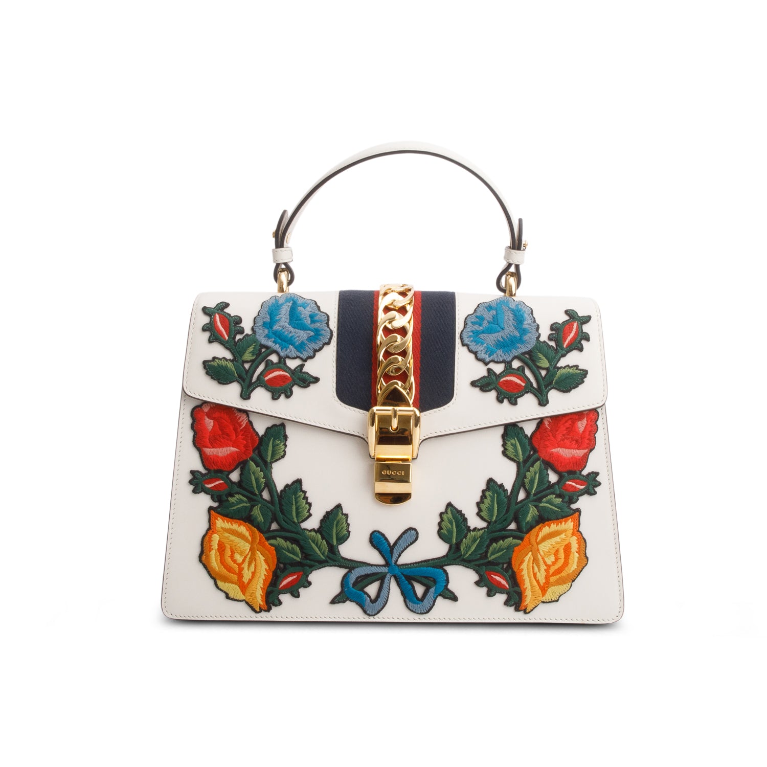 Gucci White Calfskin Embroidered Medium Sylvie Top Handle Bag w/ Strap