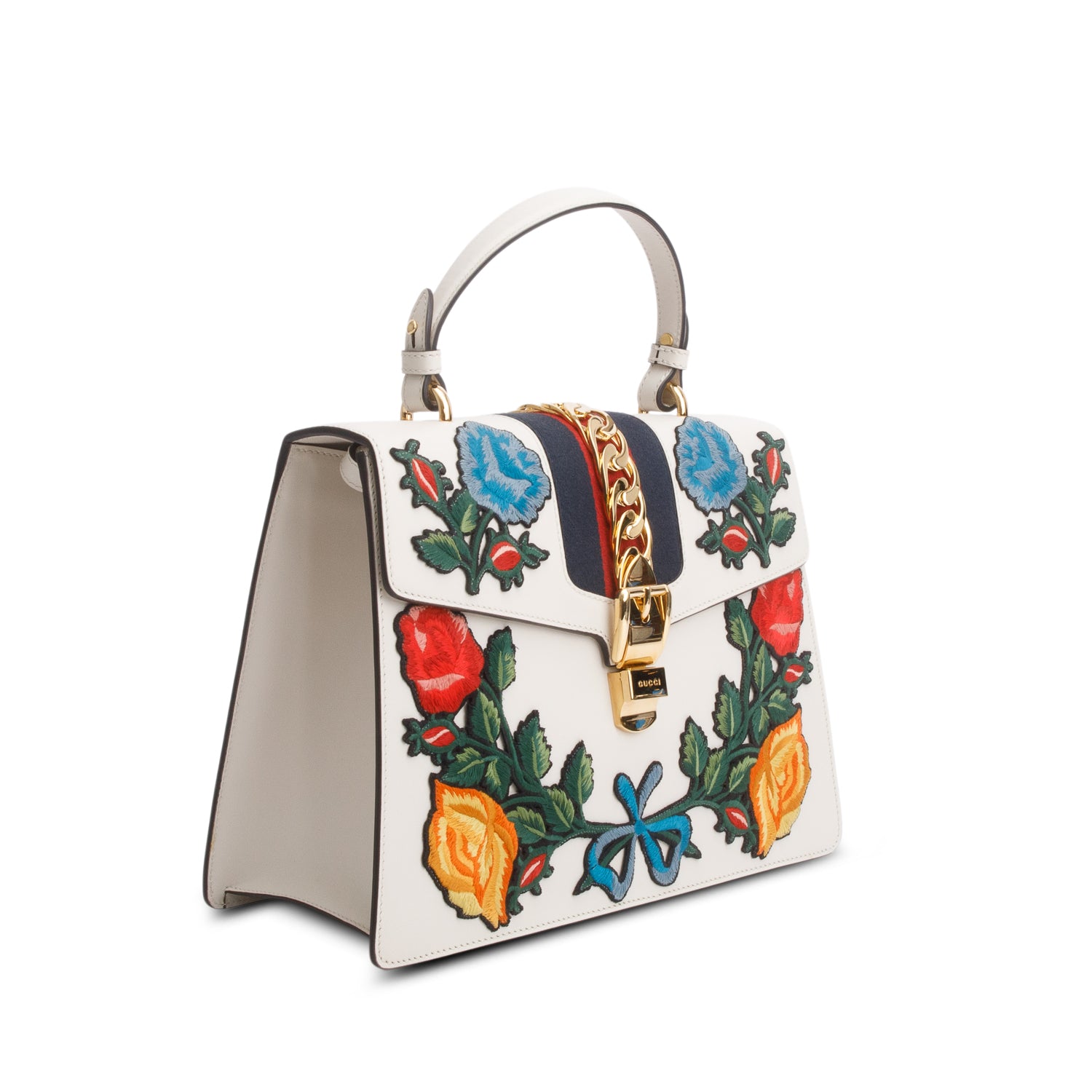 Gucci White Calfskin Embroidered Medium Sylvie Top Handle Bag w/ Strap