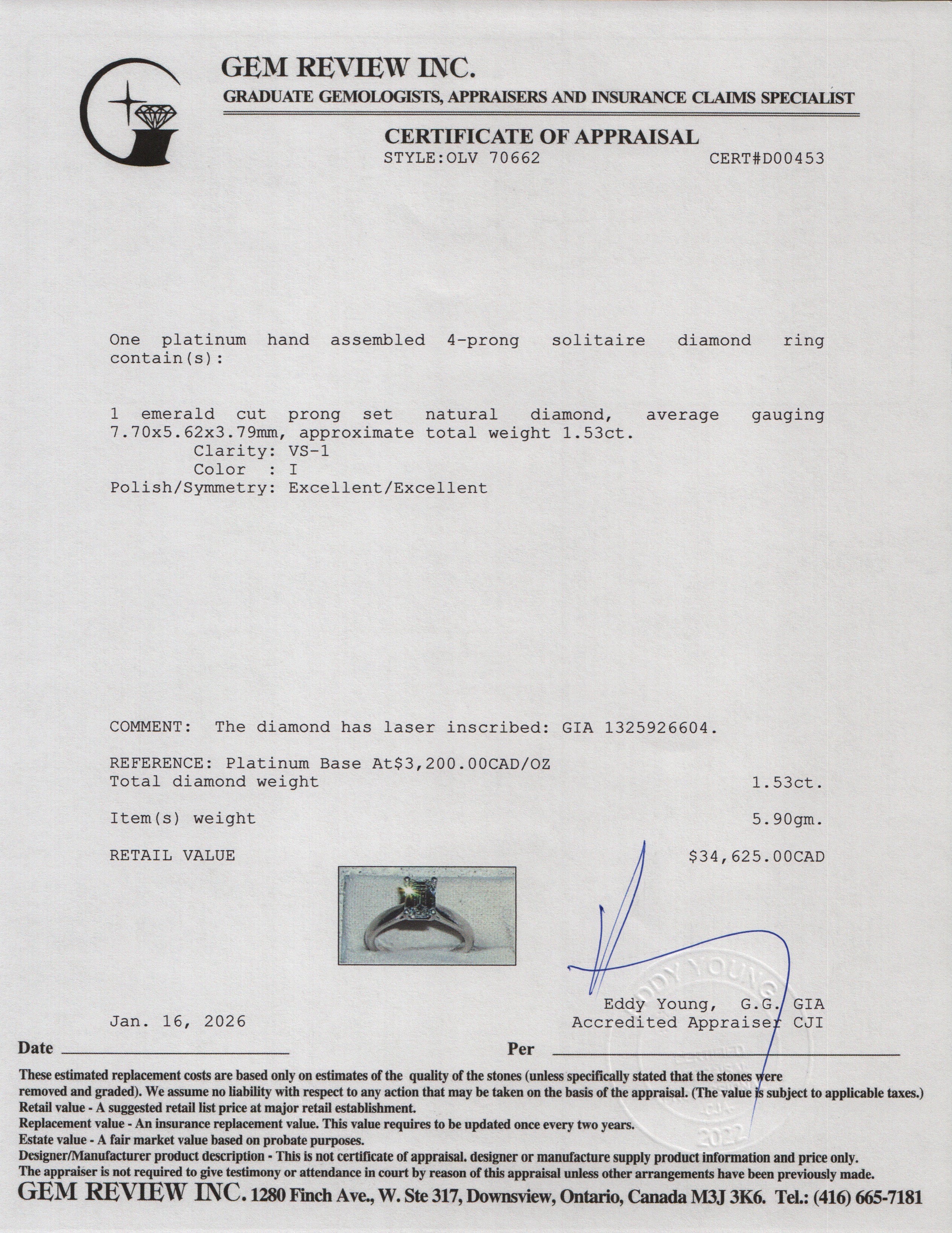 Platinum 1.53 ct. Emerald Cut Solitaire Diamond Engagement Ring, Size 6.5 w/ GIA Certificate