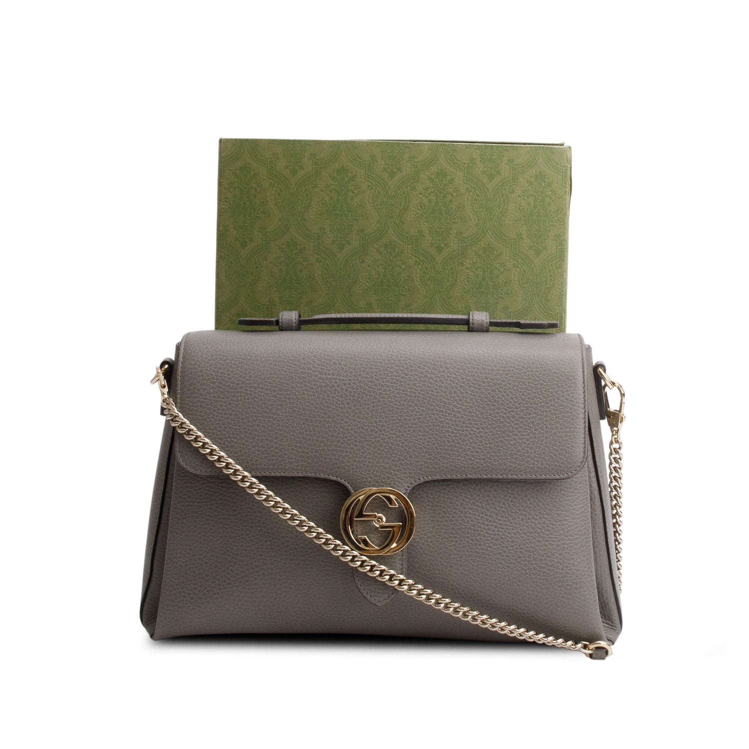 Gucci Grey Dollar Calfskin Interlocking G Top Handle Shoulder Bag w/ Box