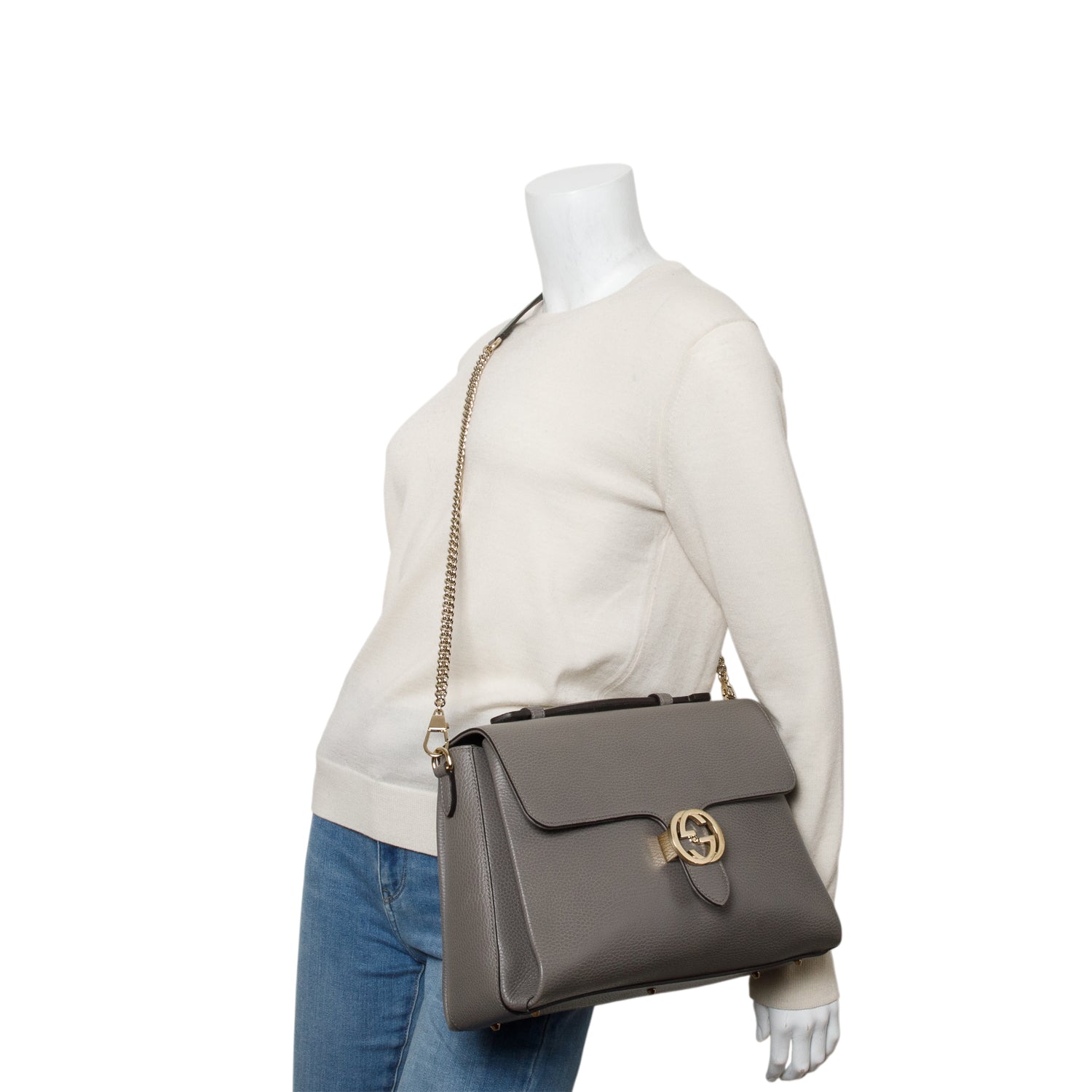 Gucci Grey Dollar Calfskin Interlocking G Top Handle Shoulder Bag w/ Box