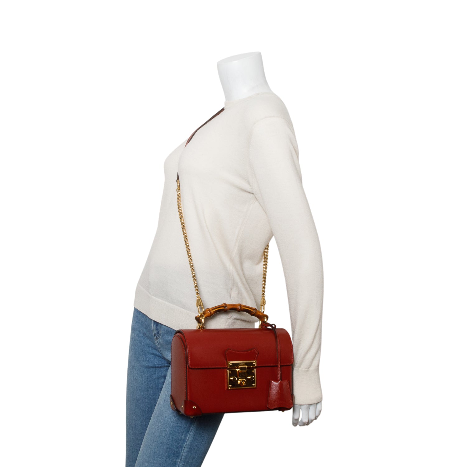 Gucci Red Azalea Calfskin Small Padlock Bamboo Shoulder Bag w/ Strap