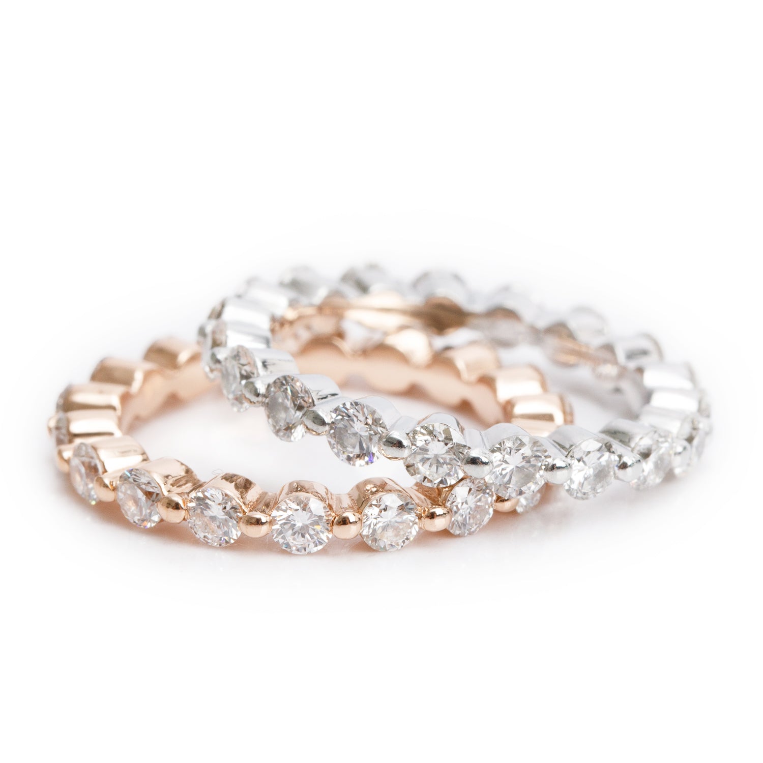 18k White Gold and Rose Gold 2.09 tcw. Diamond Eternity Band Ring Set of 2, Size 4