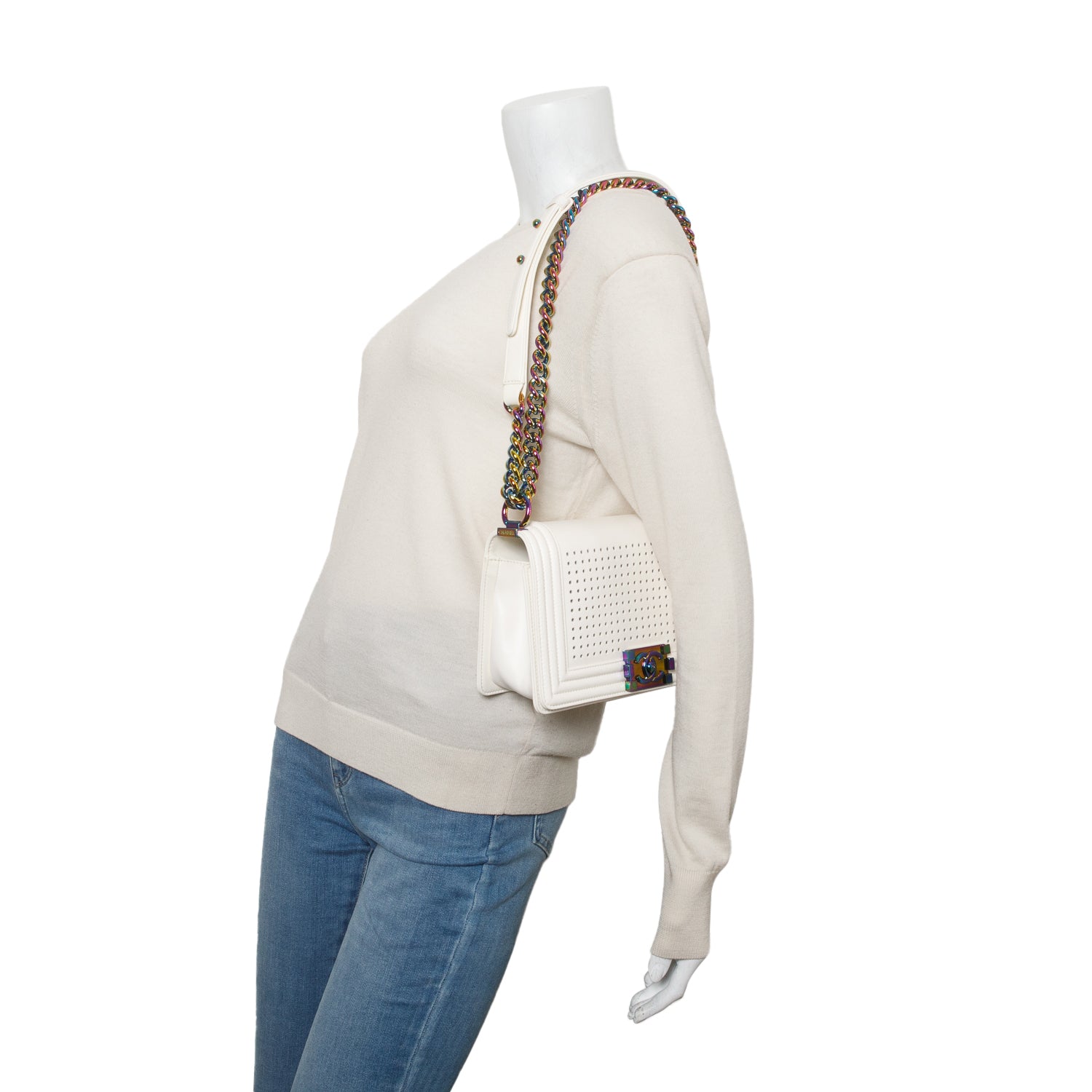 Chanel Iridescent Metal White Lambskin Leather LED Medium Boy Bag w/ Box & Authenticity Card