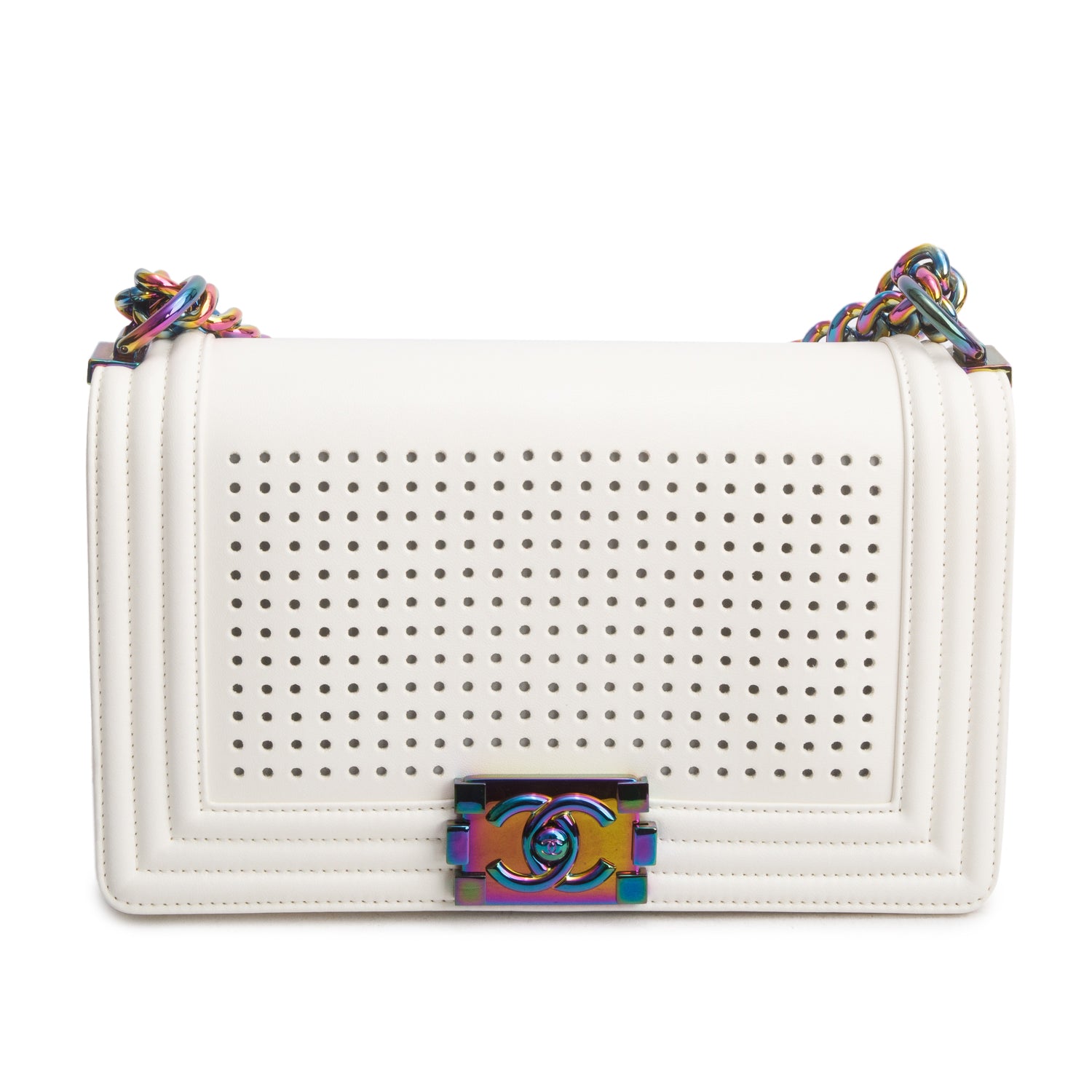 Chanel Iridescent Metal White Lambskin Leather LED Medium Boy Bag w/ Box & Authenticity Card